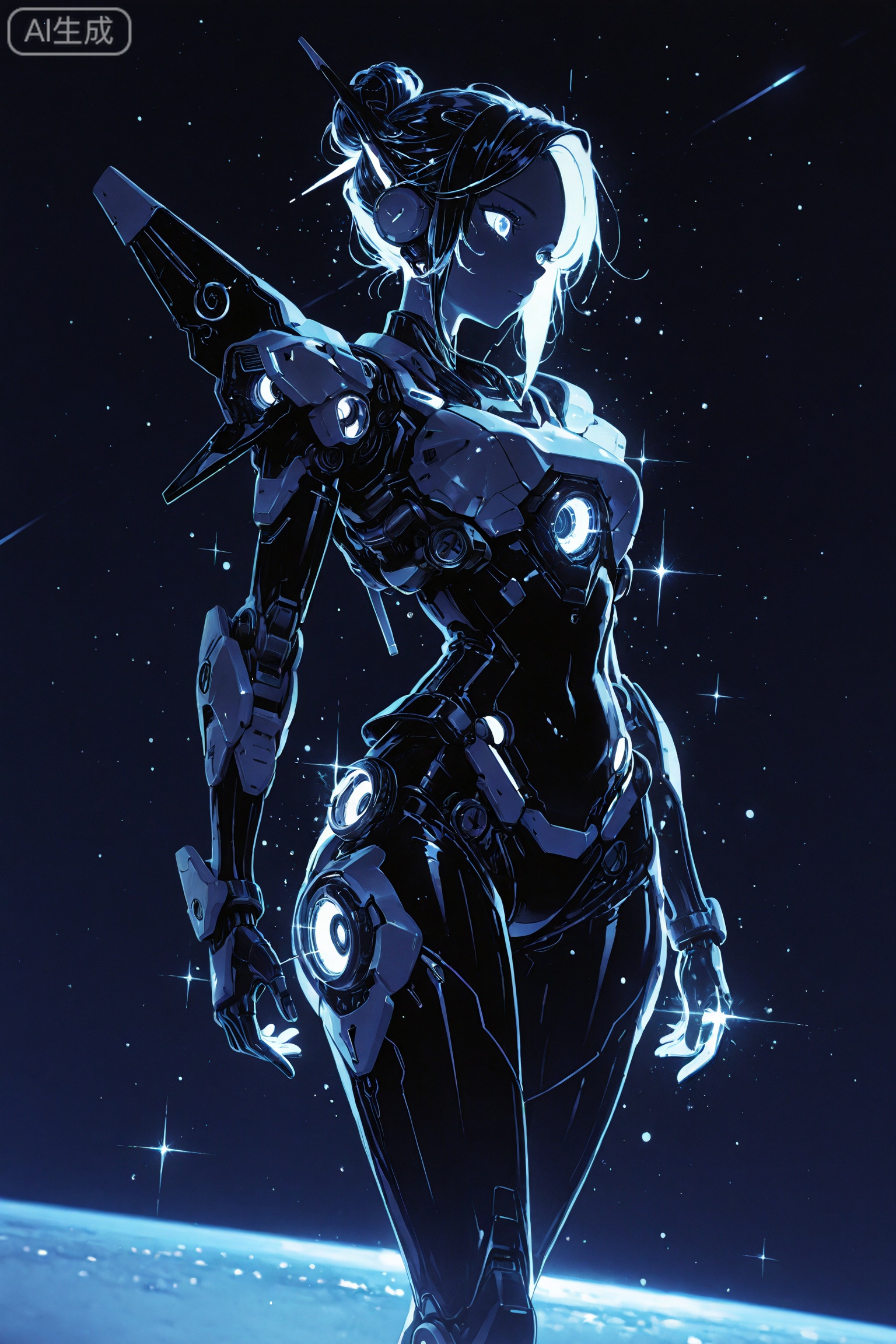 night,night sky,universe sky,universe,
masterpiece, best quality, 8K, ultra-high resolution,
asian inspire,Digital art scene illustration,lineart,//
ultra-detailed,8k,absurdres,
dynamic angle,sharp focus,soft lighting,illustration style,
very aesthetic,bright,kawaii,sparkles,//,
scattered light particles,volumetric lighting,glowing,
dramatic shadow,artificial lighting,//,
 best quality,masterpiece,line art,
mecha_girl,1girl, solo,, shiny hair, single hair bun,purple theme,