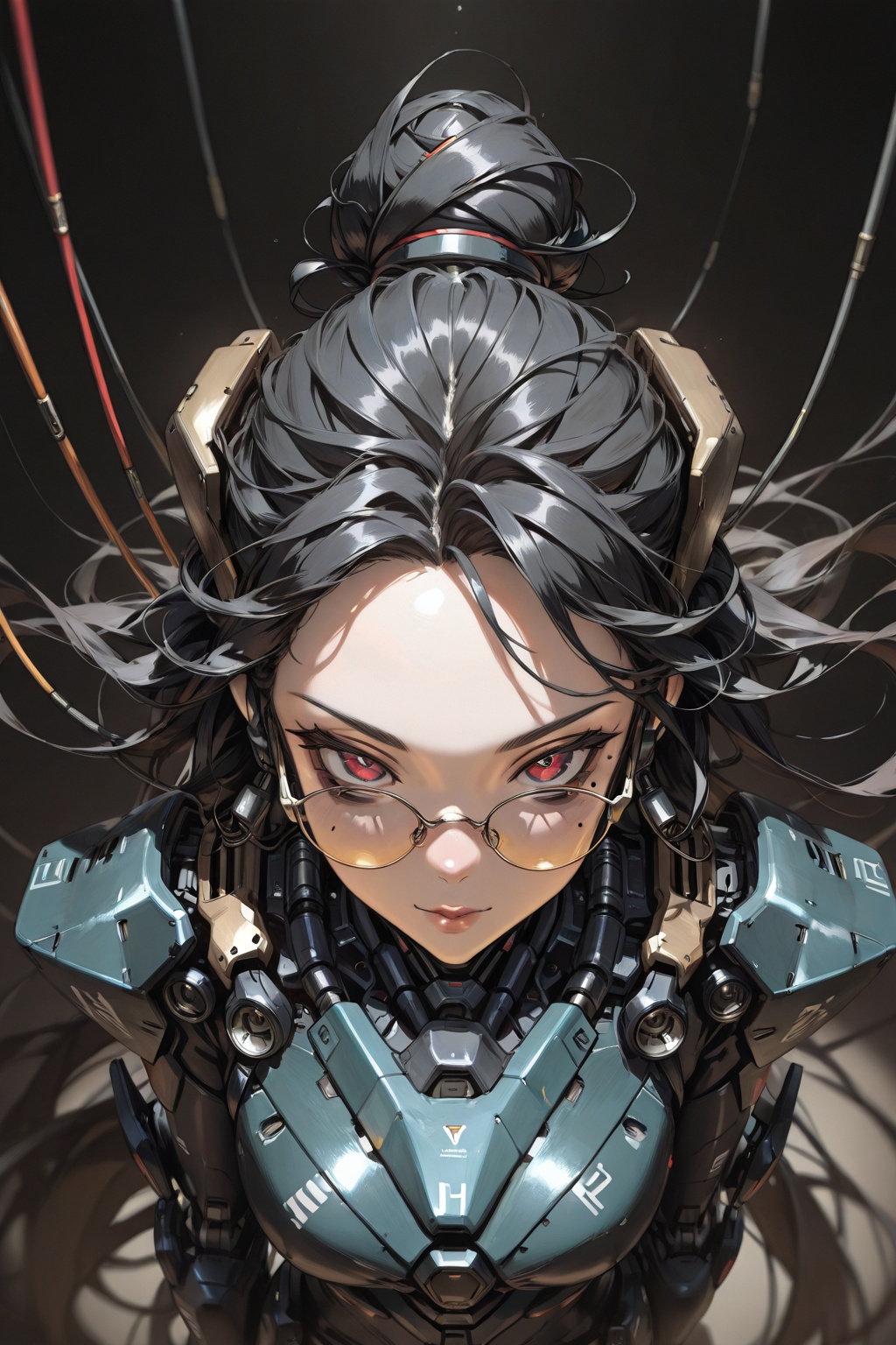 best quality,masterpiece,line art,
mecha_girl,1girl, ((solo)),single hair bun,very long hair,upper body,close up,((depth_of_field)),lips,red eyes,body suit,Facial close-up, large perspective, foreground focus, colorful background composed of data cables, (from above),Exquisite glasses,mole under eyes,(((dark background))),art_Khui,art_5star