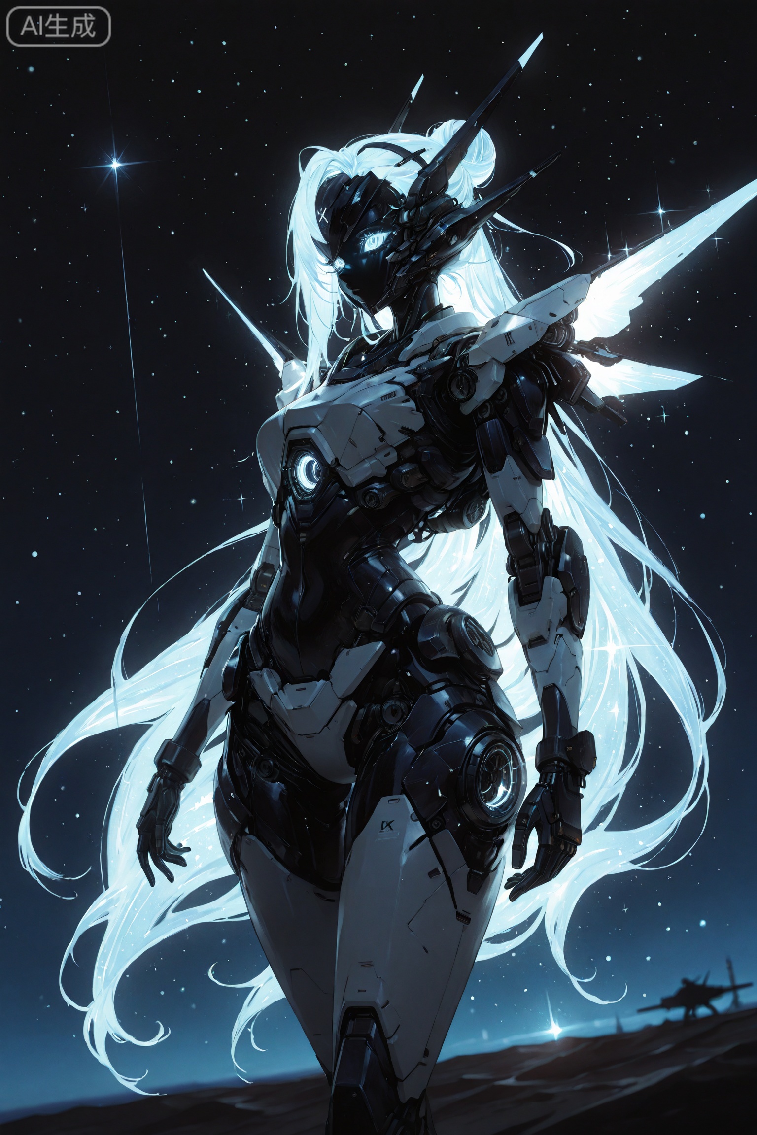 night,night sky,universe sky,universe,
masterpiece, best quality, 8K, ultra-high resolution,
asian inspire,Digital art scene illustration,lineart,//
ultra-detailed,8k,absurdres,
dynamic angle,sharp focus,soft lighting,illustration style,
very aesthetic,bright,kawaii,sparkles,//,
scattered light particles,volumetric lighting,glowing,
dramatic shadow,artificial lighting,//,
 best quality,masterpiece,line art,
mecha_girl,1girl, solo,single hair bun,very long hair,