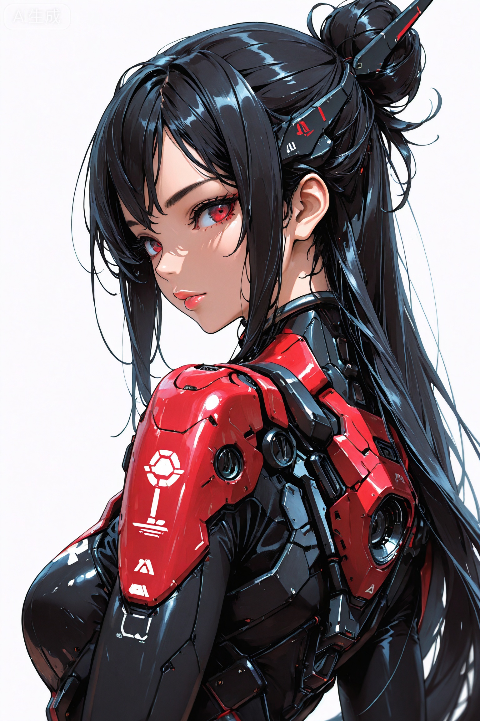 best quality,masterpiece,line art,
mecha_girl,1girl, ((solo)),single hair bun,very long hair,upper body,close up,depth_of_field,lips,red eyes,body suit,simple_background,looking back