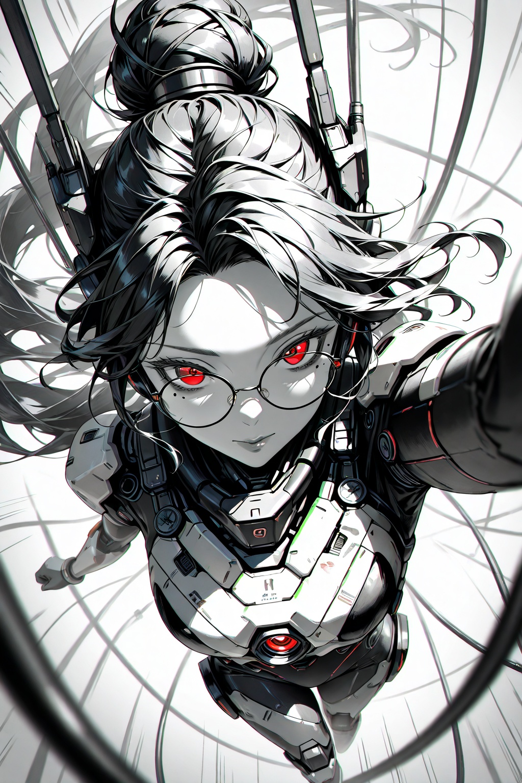 best quality,masterpiece,line art,
mecha_girl,1girl, ((solo)),single hair bun,very long hair,upper body,close up,depth_of_field,lips,red eyes,body suit,Facial close-up, large perspective, foreground focus, background composed of data cables, (((from above))),Exquisite glasses,mole under eyes,//
art_nlhx,
The composition of the comic is divided into three parts, with thick dividing lines and a central subject placed above the dividing lines,
Foreshortening, Breaking the Fourth Wall, Foreground Focus, Manga Style, Vertical Composition Three Part Method,
Viewpoint and perspective: extreme foreshortening, fisheye lens, dynamic angle, POV (first person perspective/subjective perspective),
Depth of field ,
Stylish: manga style, monochrome, speed lines, high contrast, grit,