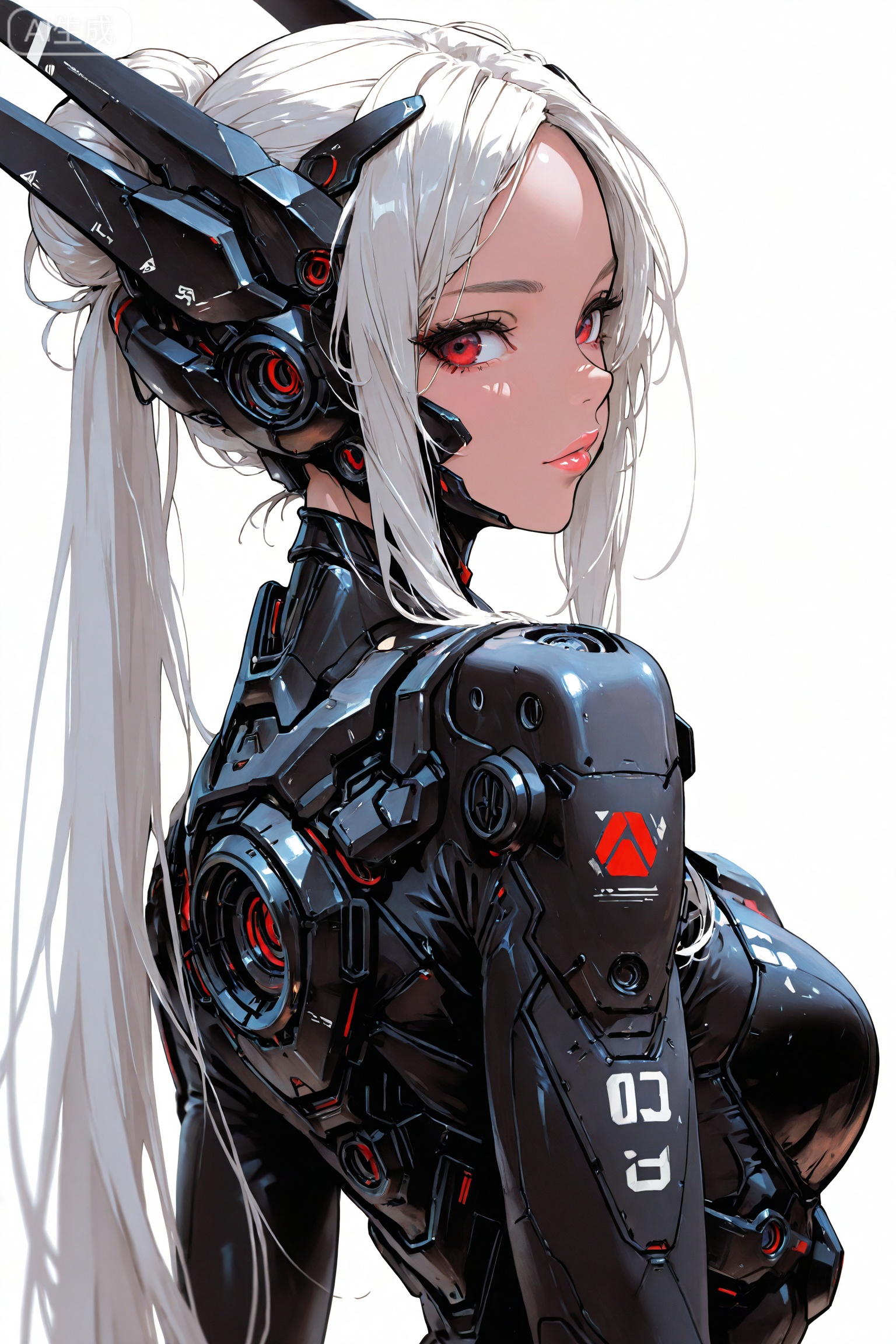 best quality,masterpiece,line art,
mecha_girl,1girl, ((solo)),single hair bun,very long hair,upper body,close up,depth_of_field,lips,red eyes,body suit,simple_background,looking back