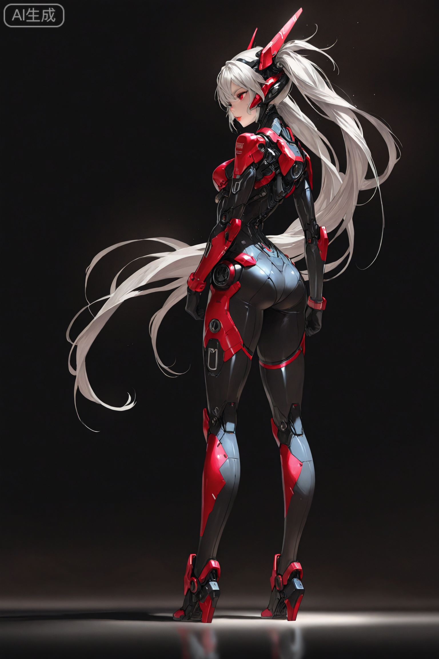 best quality,masterpiece,line art,
mecha_girl,1girl, ((solo)),twin_tails,very long hair,full body,close up,depth_of_field,lips,red eyes,body suit,high hills,tighhighs,simple_background,standing,in the dark,back lights,
