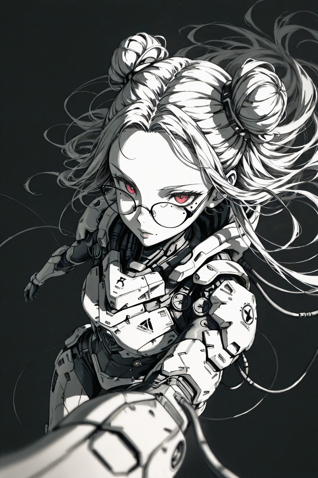 best quality,masterpiece,line art,
mecha_girl,1girl, ((solo)),single hair bun,very long hair,upper body,close up,depth_of_field,lips,red eyes,body suit,Facial close-up, large perspective, foreground focus, colorful background composed of data cables, (from above),Exquisite glasses,mole under eyes,(((dark background))),art_nlhx,
The composition of the comic is divided into three parts, with thick dividing lines and a central subject placed above the dividing lines,
Foreshortening, Breaking the Fourth Wall, Foreground Focus, Manga Style, Vertical Composition Three Part Method,
Viewpoint and perspective: extreme foreshortening, fisheye lens, dynamic angle, POV (first person perspective/subjective perspective),
Depth of field ,
Stylish: manga style, monochrome, speed lines, high contrast, grit,),art_Khui,art_5star