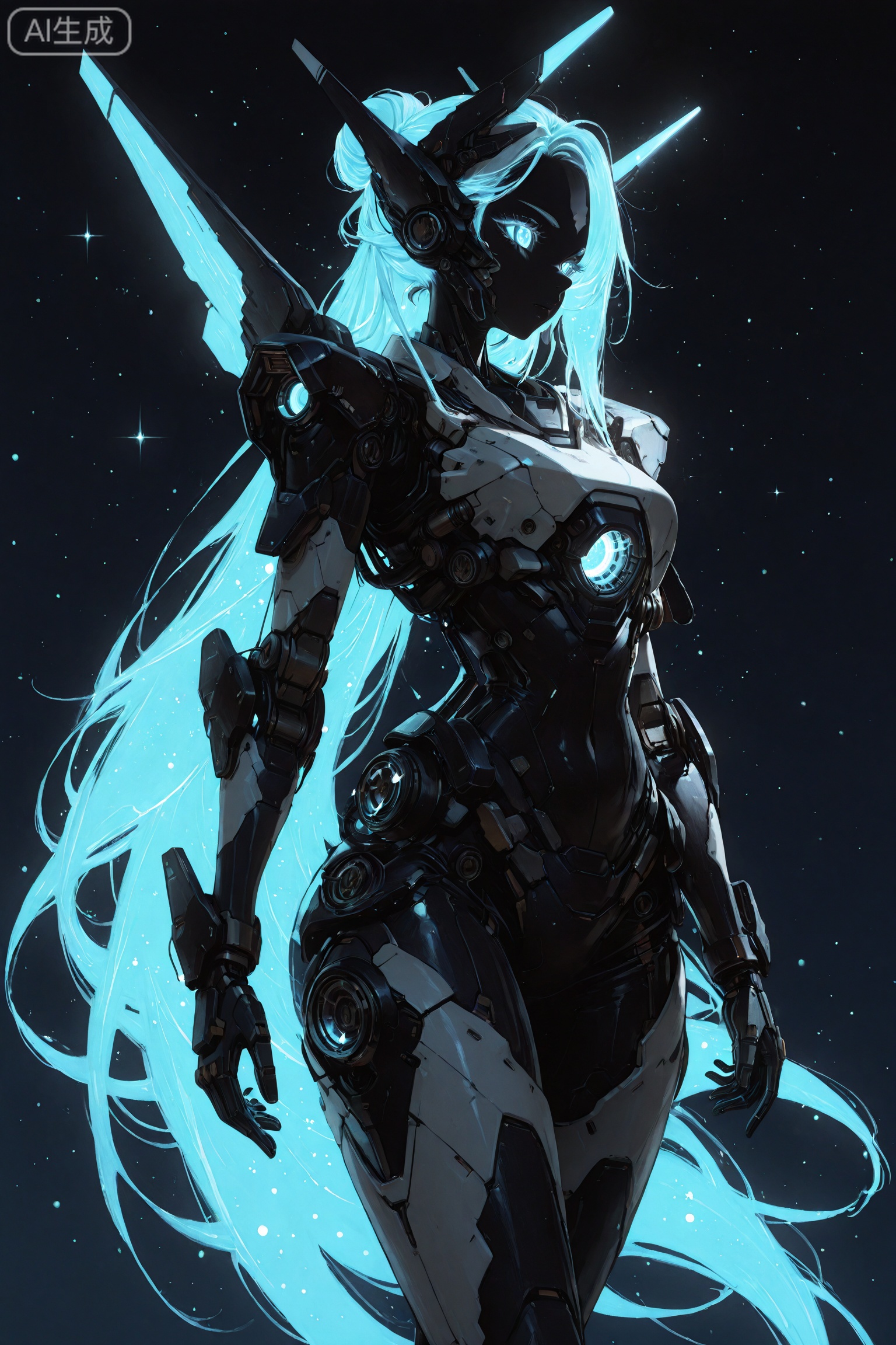 night,night sky,universe sky,universe,
masterpiece, best quality, 8K, ultra-high resolution,
asian inspire,Digital art scene illustration,lineart,//
ultra-detailed,8k,absurdres,
dynamic angle,sharp focus,soft lighting,illustration style,
very aesthetic,bright,kawaii,sparkles,//,
scattered light particles,volumetric lighting,glowing,
dramatic shadow,artificial lighting,//,
 best quality,masterpiece,line art,
mecha_girl,1girl, solo,single hair bun,very long hair,