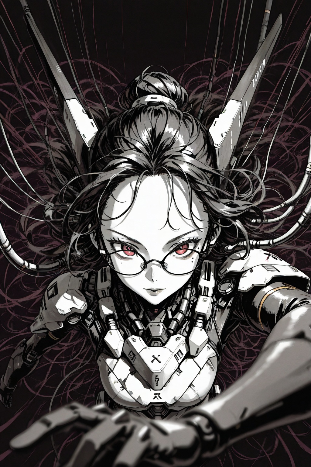 best quality,masterpiece,line art,
mecha_girl,1girl, ((solo)),single hair bun,very long hair,upper body,close up,depth_of_field,lips,red eyes,body suit,Facial close-up, large perspective, foreground focus, colorful background composed of data cables, (from above),Exquisite glasses,mole under eyes,(((dark background))),art_nlhx,
The composition of the comic is divided into three parts, with thick dividing lines and a central subject placed above the dividing lines,
Foreshortening, Breaking the Fourth Wall, Foreground Focus, Manga Style, Vertical Composition Three Part Method,
Viewpoint and perspective: extreme foreshortening, fisheye lens, dynamic angle, POV (first person perspective/subjective perspective),
Depth of field ,
Stylish: manga style, monochrome, speed lines, high contrast, grit,),art_Khui,art_5star