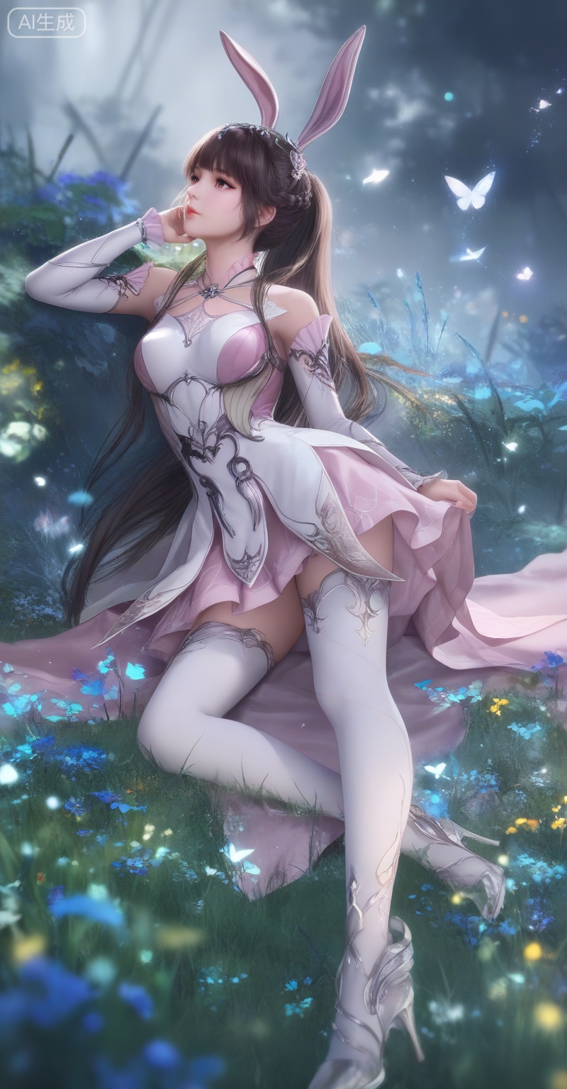 score_9,score_8_up,score_7_up,masterpiece,best quality,amazing quality,very aesthetic,high resolution,ultra-detailed,absurdres,newest,rendered,{Prompt} BREAK depth of field,volumetric lighting,
,xiaowu,1girl,solo,dress,hair ornament,ponytail,rabbit ears,brown hair,animal ears,realistic,
1girl, long hair, brown hair, high heels, dress, solo, butterfly, bug, glowing butterfly, flower, grass, hair ornament, pink dress, full body, thighhighs