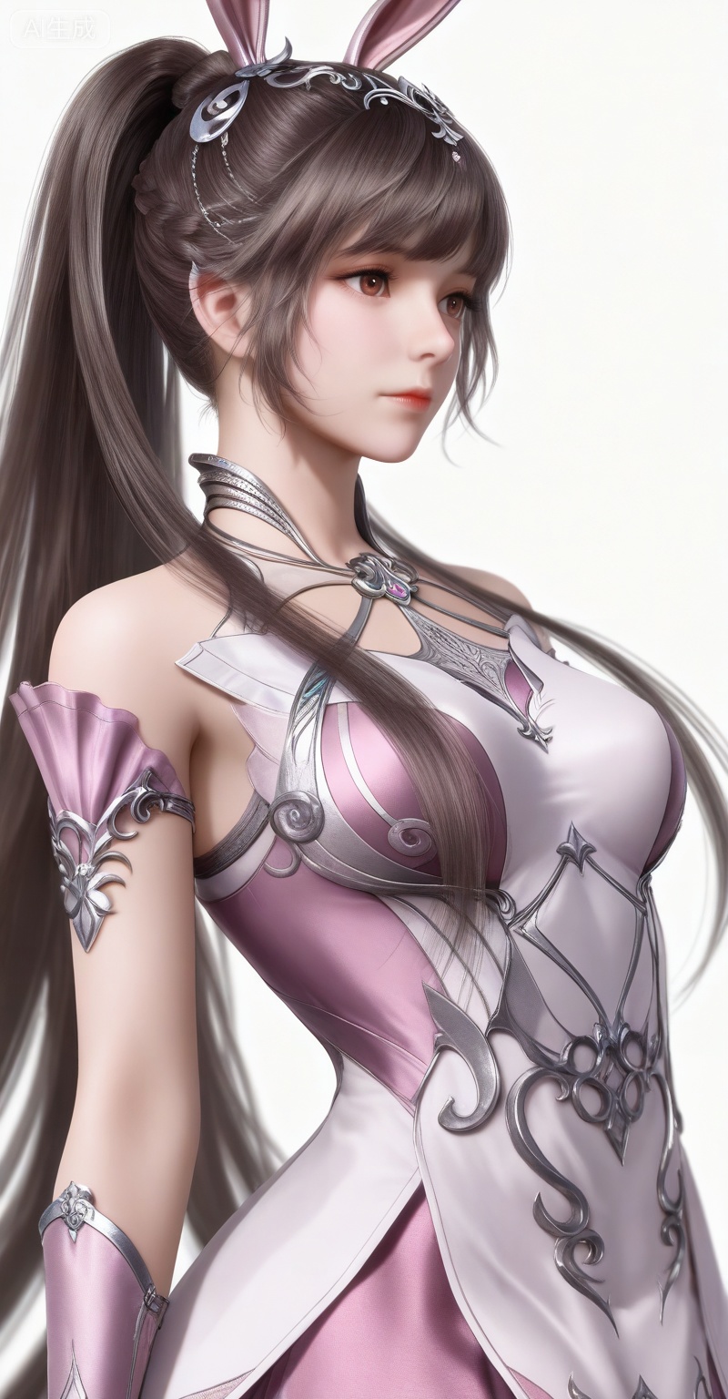 score_9,score_8_up,score_7_up,masterpiece,best quality,amazing quality,very aesthetic,high resolution,ultra-detailed,absurdres,newest,rendered,{Prompt} BREAK depth of field,volumetric lighting,
,xiaowu,1girl,solo,dress,hair ornament,ponytail,rabbit ears,brown hair,animal ears,realistic,
1girl, solo, animal ears, rabbit ears, pink dress, metal collar, upper body, ponytail, collar, brown hair, white background, hair ornament, dress, closed mouth, long hair