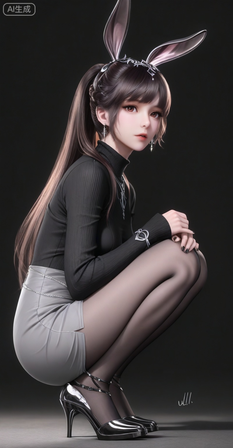 score_9,score_8_up,score_7_up,masterpiece,best quality,amazing quality,very aesthetic,high resolution,ultra-detailed,absurdres,newest,rendered,{Prompt} BREAK depth of field,volumetric lighting,
,xiaowu,1girl,solo,dress,hair ornament,ponytail,rabbit ears,brown hair,animal ears,realistic,
1girl,solo,pantyhose,high heels,looking at viewer,black footwear,squatting,sweater,ull body,parted lips,black sweater,earrings,signature,black nails,long sleeves,parted bangs,jewelry,pencil skirt,skirt,bangs,turtleneck,nail polish,black pantyhose,dress,(Black background:1.2),simple background,

