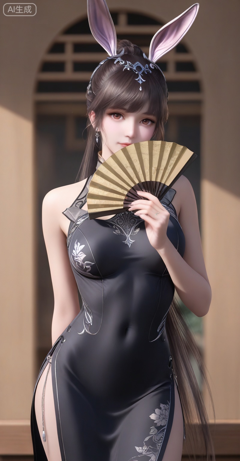 score_9,score_8_up,score_7_up,masterpiece,best quality,amazing quality,very aesthetic,high resolution,ultra-detailed,absurdres,newest,rendered,{Prompt} BREAK depth of field,volumetric lighting,
,xiaowu,1girl,solo,dress,hair ornament,ponytail,rabbit ears,brown hair,animal ears,realistic,
1girl,dress,hand fan,holding,solo,earrings,jewelry,chinese clothes,china dress,black dress,holding fan,floral print,blurry,sleeveless,looking at viewer,sleeveless dress,folding fan,standing,head tilt,2,


