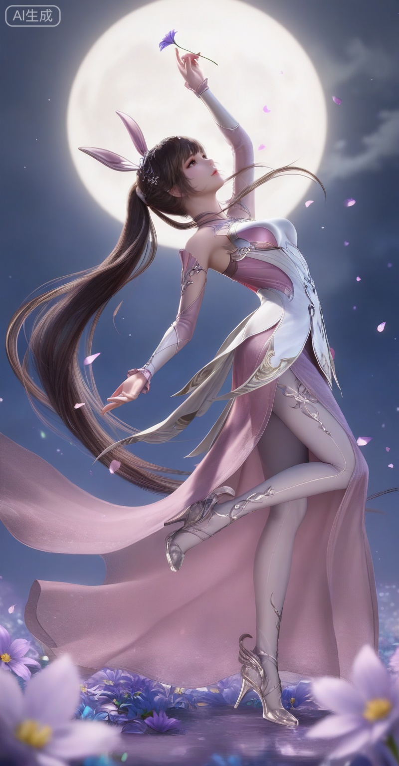 score_9,score_8_up,score_7_up,masterpiece,best quality,amazing quality,very aesthetic,high resolution,ultra-detailed,absurdres,newest,rendered,{Prompt} BREAK depth of field,volumetric lighting,
,xiaowu,1girl,solo,dress,hair ornament,ponytail,rabbit ears,brown hair,animal ears,realistic,
1girl, solo, flower, long hair, moon, ponytail, petals, high heels, falling petals, dress, hair ornament, dancing, night, full moon, brown hair, holding flower, very long hair, arm up