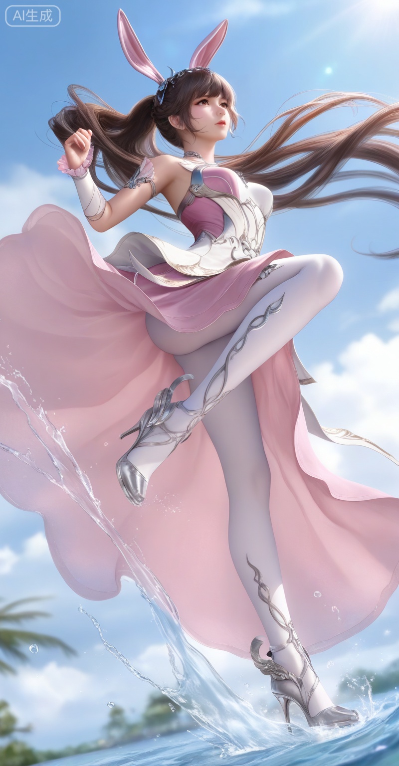 score_9,score_8_up,score_7_up,masterpiece,best quality,amazing quality,very aesthetic,high resolution,ultra-detailed,absurdres,newest,rendered,{Prompt} BREAK depth of field,volumetric lighting,
,xiaowu,1girl,solo,dress,hair ornament,ponytail,rabbit ears,brown hair,animal ears,realistic,
1girl,water,long hair,solo,brown hair,splashing,dress,high heels,pink dress,sky,pantyhose,cloud,white pantyhose,blue sky,kicking,