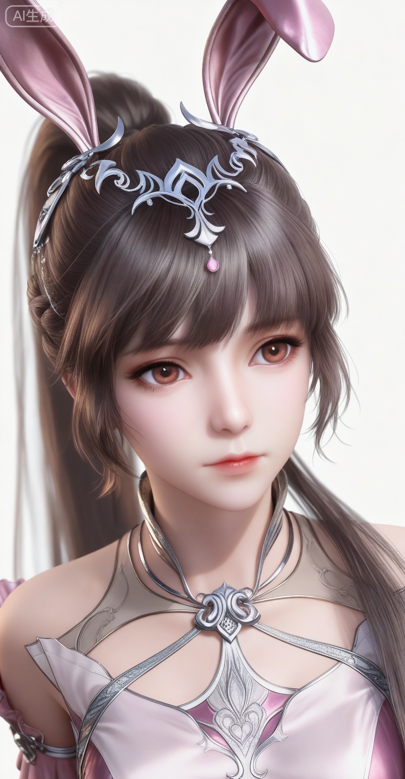 score_9,score_8_up,score_7_up,masterpiece,best quality,amazing quality,very aesthetic,high resolution,ultra-detailed,absurdres,newest,rendered,{Prompt} BREAK depth of field,volumetric lighting,
,xiaowu,1girl,solo,dress,hair ornament,ponytail,rabbit ears,brown hair,animal ears,realistic,
1girl, solo, animal ears, rabbit ears, pink dress, metal collar, upper body, ponytail, collar, brown hair, white background, hair ornament, dress, closed mouth, long hair
