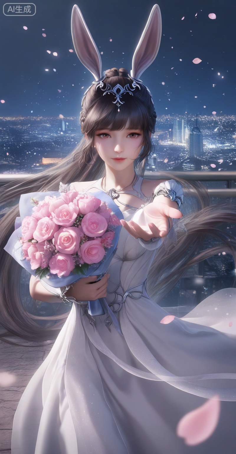 score_9,score_8_up,score_7_up,masterpiece,best quality,amazing quality,very aesthetic,high resolution,ultra-detailed,absurdres,newest,rendered,{Prompt} BREAK depth of field,volumetric lighting,
,xiaowu,1girl,solo,dress,hair ornament,ponytail,rabbit ears,brown hair,animal ears,realistic,
1girl, flower, animal ears, dress, rabbit ears, night, solo, long hair, cityscape, city lights, upper body, hair ornament, petals, white dress, bouquet, city, building, sky, holding, black hair, night sky, reaching, outstretched hand, pink flower, braid, falling petals, jewelry
