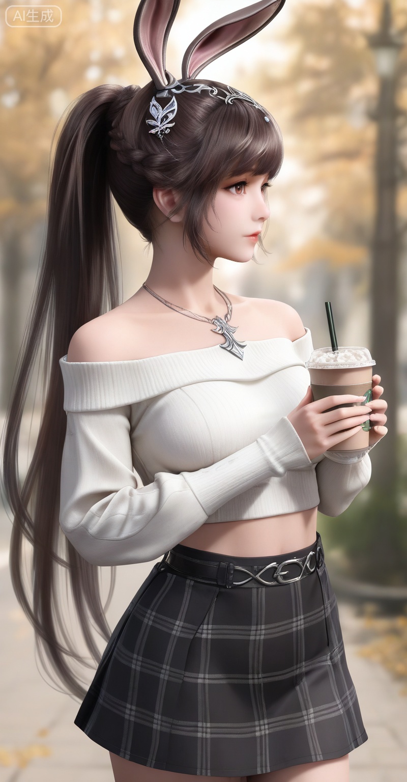 score_9,score_8_up,score_7_up,masterpiece,best quality,amazing quality,very aesthetic,high resolution,ultra-detailed,absurdres,newest,rendered,{Prompt} BREAK depth of field,volumetric lighting,
,xiaowu,1girl,solo,dress,hair ornament,ponytail,rabbit ears,brown hair,animal ears,realistic,
1girl,solo,skirt,off shoulder,off-shoulder sweater,jewelry,white sweater,necklace,cup,bare shoulders,holding,sweater,disposable cup,breasts,black skirt,plaid skirt,collarbone,plaid,blurry background,crop top,holding cup,blurry,midriff,long sleeves,large breasts,
