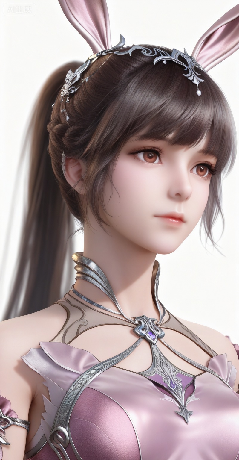 score_9,score_8_up,score_7_up,masterpiece,best quality,amazing quality,very aesthetic,high resolution,ultra-detailed,absurdres,newest,rendered,{Prompt} BREAK depth of field,volumetric lighting,
,xiaowu,1girl,solo,dress,hair ornament,ponytail,rabbit ears,brown hair,animal ears,realistic,
1girl, solo, animal ears, rabbit ears, pink dress, metal collar, upper body, ponytail, collar, brown hair, white background, hair ornament, dress, closed mouth, long hair
