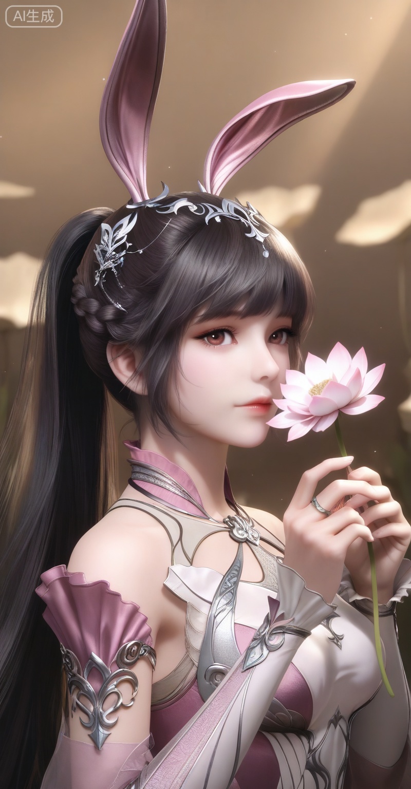 score_9,score_8_up,score_7_up,masterpiece,best quality,amazing quality,very aesthetic,high resolution,ultra-detailed,absurdres,newest,rendered,{Prompt} BREAK depth of field,volumetric lighting,
,xiaowu,1girl,solo,dress,hair ornament,ponytail,rabbit ears,brown hair,animal ears,realistic,
1girl, solo, animal ears, rabbit ears, flower, hair ornament, holding flower, dress, upper body, pink dress, closed mouth, metal collar, holding, collar, looking at viewer, black hair, lotus, braid, ponytail