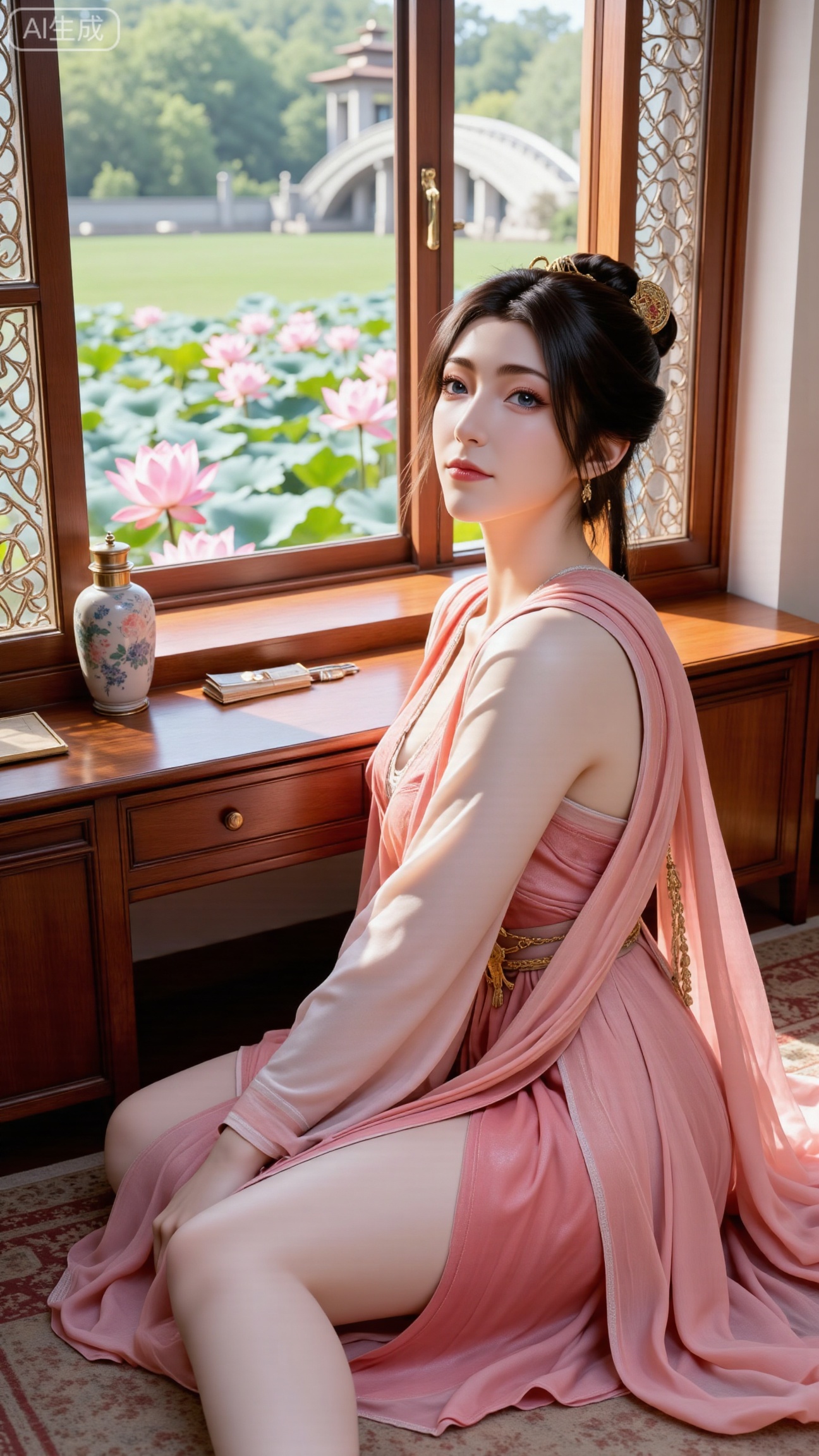 (masterpiece, best quality:1.2),1girl, solo, long dress,Ancient princesss boudoir with bright color palette,,(huge breasts:2.59),(full breasts:2.39), Hanfu-clad maiden sitting by latticed window desk in romantic daydreaming posture, classical Chinese garden through window showcasing lotus pond filled with blooming pink and white lotuses, delicate ink-wash painting style, interior featuring rosewood furniture with mother-of-pearl inlay, silk curtains fluttering in breeze, porcelain stationery set on desk, distant view of curved bridges and pavilions in garden, ultra HD rendering with crisp details on embroidered garments and translucent lotus petals,,(huge breasts:2.99),(full breasts:2.99),.Xbigbreasts,XbaifengsongyuYH,XliuyuYH2,XanmyXM,XlanxianYH,XtianqiongYH,Xxiantainvzi,Xchangtui,XmupeilingX2,XanmyXY