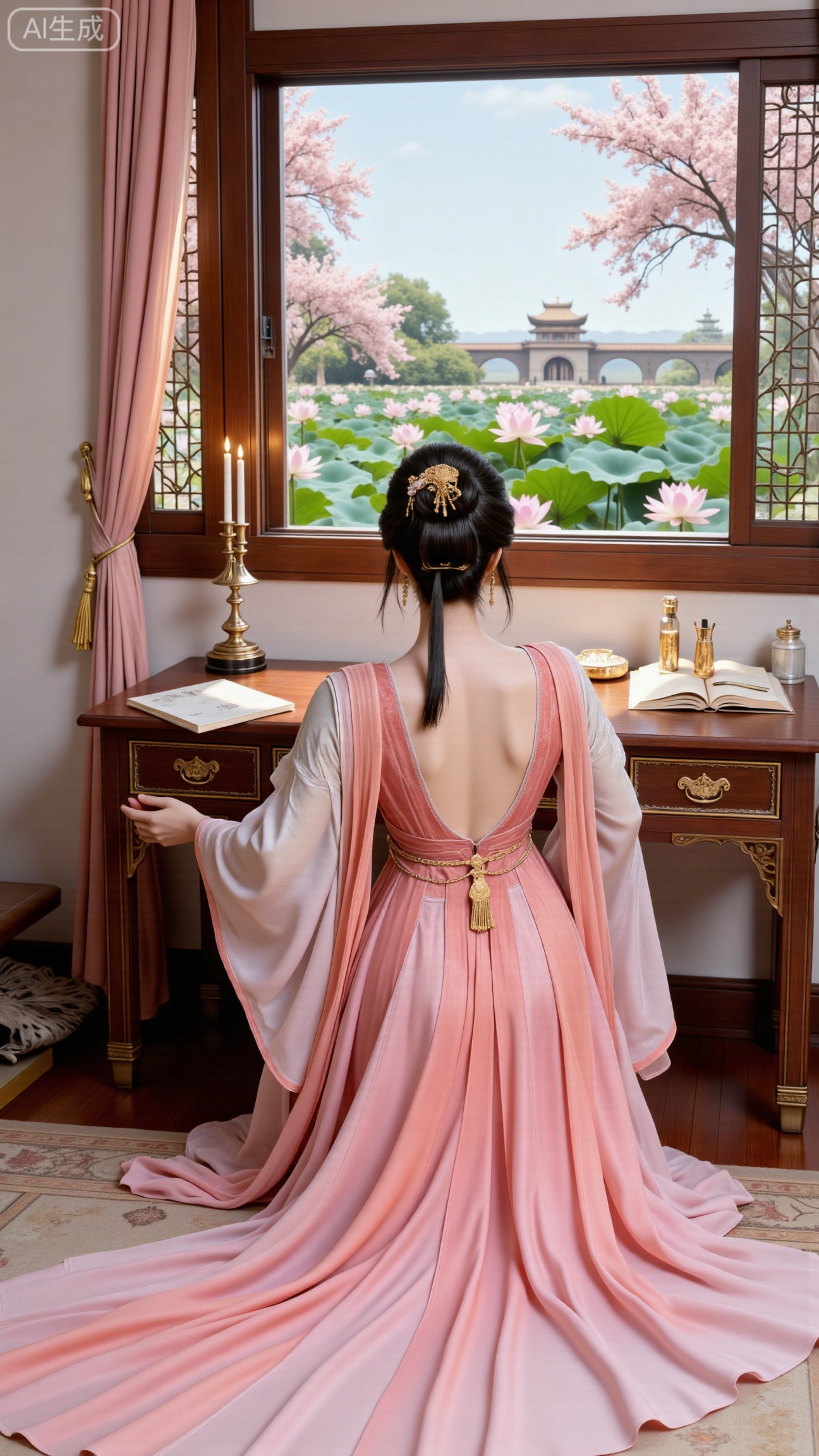 (masterpiece, best quality:1.2),1girl, solo, long dress,Ancient princesss boudoir with bright color palette,,(huge breasts:2.59),(full breasts:2.39), Hanfu-clad maiden sitting by latticed window desk in romantic daydreaming posture, classical Chinese garden through window showcasing lotus pond filled with blooming pink and white lotuses, delicate ink-wash painting style, interior featuring rosewood furniture with mother-of-pearl inlay, silk curtains fluttering in breeze, porcelain stationery set on desk, distant view of curved bridges and pavilions in garden, ultra HD rendering with crisp details on embroidered garments and translucent lotus petals,,(huge breasts:2.99),(full breasts:2.99),.Xbigbreasts,XbaifengsongyuYH,XliuyuYH2,XanmyXM,XlanxianYH,XtianqiongYH,Xxiantainvzi,Xchangtui,XmupeilingX2,XanmyXY
