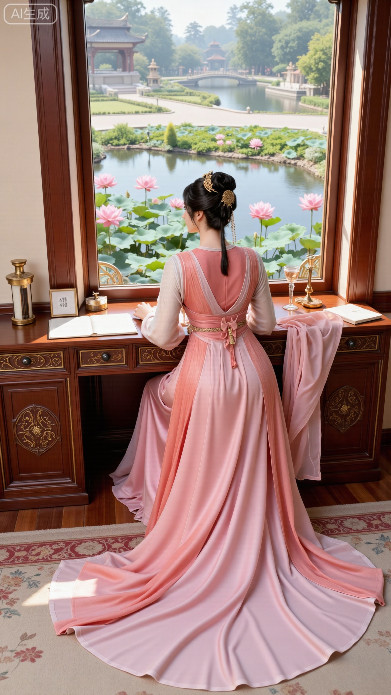 (masterpiece, best quality:1.2),1girl, solo, long dress,Ancient princesss boudoir with bright color palette,,(huge breasts:2.59),(full breasts:2.39), Hanfu-clad maiden sitting by latticed window desk in romantic daydreaming posture, classical Chinese garden through window showcasing lotus pond filled with blooming pink and white lotuses, delicate ink-wash painting style, interior featuring rosewood furniture with mother-of-pearl inlay, silk curtains fluttering in breeze, porcelain stationery set on desk, distant view of curved bridges and pavilions in garden, ultra HD rendering with crisp details on embroidered garments and translucent lotus petals,,(huge breasts:2.99),(full breasts:2.99),.Xbigbreasts,XbaifengsongyuYH,XliuyuYH2,XanmyXM,XlanxianYH,XtianqiongYH,Xxiantainvzi,Xchangtui,XmupeilingX2,XanmyXY