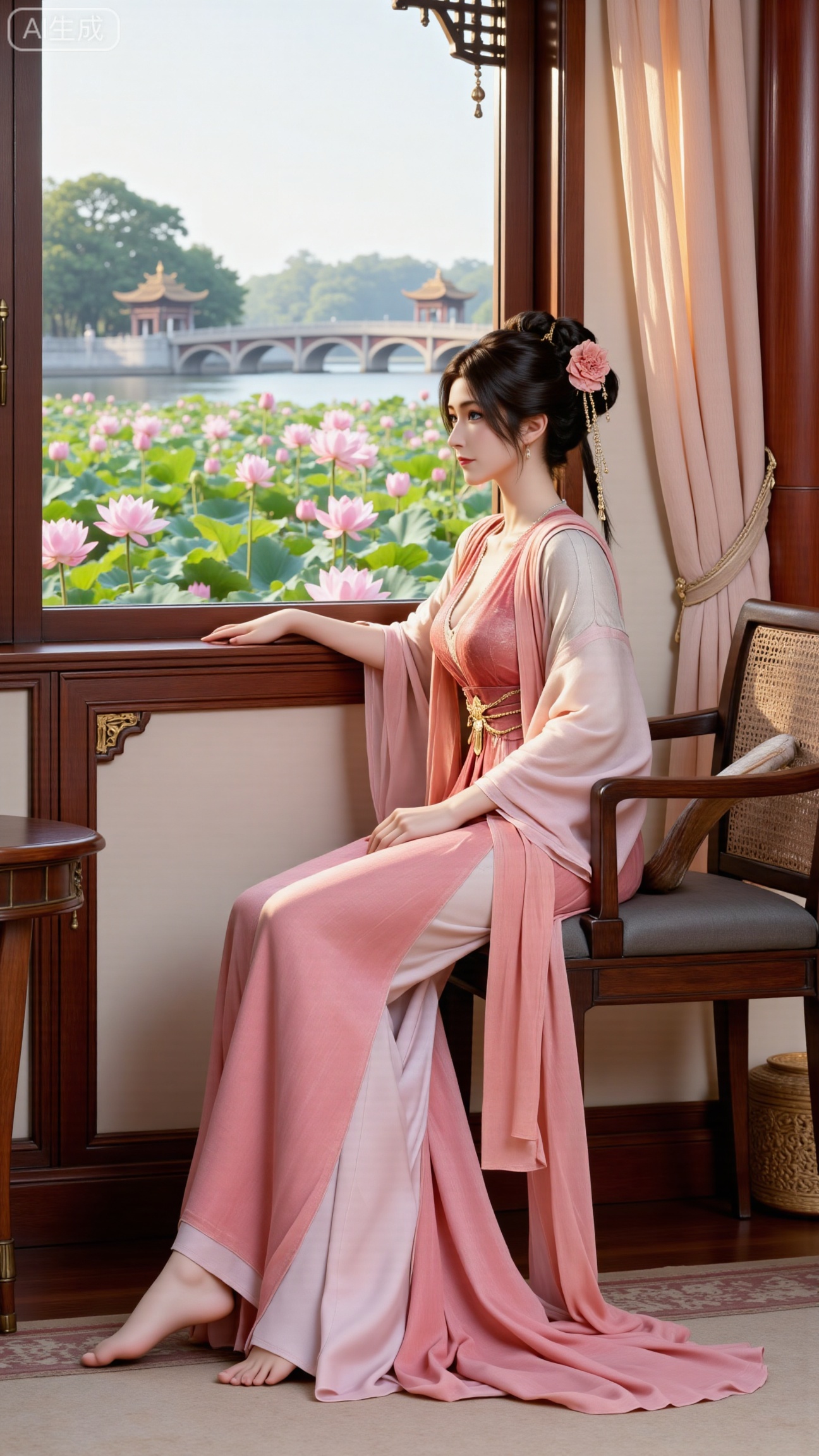 (masterpiece, best quality:1.2),1girl, solo, long dress,Ancient princesss boudoir with bright color palette,,(huge breasts:2.59),(full breasts:2.39), Hanfu-clad maiden sitting by latticed window desk in romantic daydreaming posture, classical Chinese garden through window showcasing lotus pond filled with blooming pink and white lotuses, delicate ink-wash painting style, interior featuring rosewood furniture with mother-of-pearl inlay, silk curtains fluttering in breeze, porcelain stationery set on desk, distant view of curved bridges and pavilions in garden, ultra HD rendering with crisp details on embroidered garments and translucent lotus petals,,(huge breasts:2.99),(full breasts:2.99),.Xbigbreasts,XbaifengsongyuYH,XliuyuYH2,XanmyXM,XlanxianYH,XtianqiongYH,Xxiantainvzi,Xchangtui,XmupeilingX2,XanmyXY