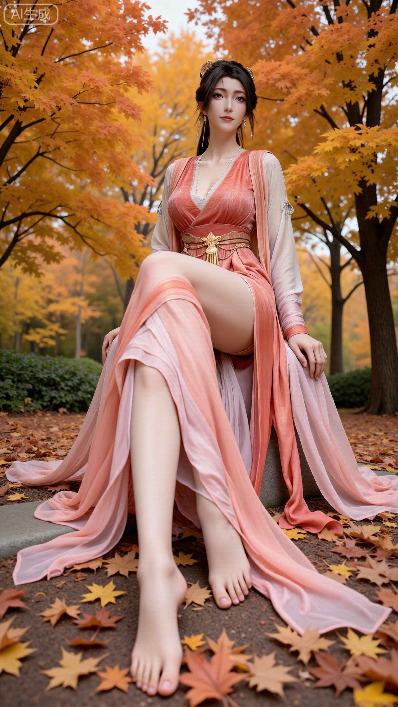 (masterpiece, best quality:1.2),A beautiful woman seated on a stone, barefoot with a close - up of her feet. Taken from a low - angle perspective. Overall Concept: Create a visually stunning, aesthetically pleasing scene where the subject seamlessly blends with the natural environment, facing the viewer directly. The composition fully encompasses the character and the surrounding autumnal foliage, offering an expansive view. The character serves as the focal point, while the fallen leaves enhance the overall ambiance. Key elements include maple trees and fallen leaves. Perspective: The subject looks directly into the camera. Shot from a low - angle, upward perspective, this vantage point clearly showcases the spatial relationship between the character and the fallen leaves on the ground, providing a unique visual experience. Poses: Seated on the stone, one hand rests naturally on her leg, while the other relaxes by her side. Emphasize her delicate hands and fingers.(huge breasts:2.99),(full breasts:2.99),s...Xbigbreasts,XbaifengsongyuYH,XliuyuYH2,XanmyXM,XlanxianYH,XtianqiongYH,Xxiantainvzi,Xchangtui,XmupeilingX2,XanmyXY
