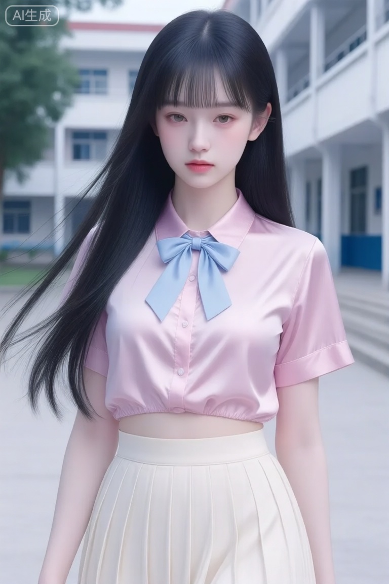 冷白皮,黑长直、发丝0.1mm,齐刘海,浅蓝色法式蝴蝶结、粉色露腰冰丝短袖衬衫,米白色百皱裙,黑长直飘动,8k渲染,现代清冷少女,身材纤细修长,远景拍摄,背景中学校园,专业级焦外虚化