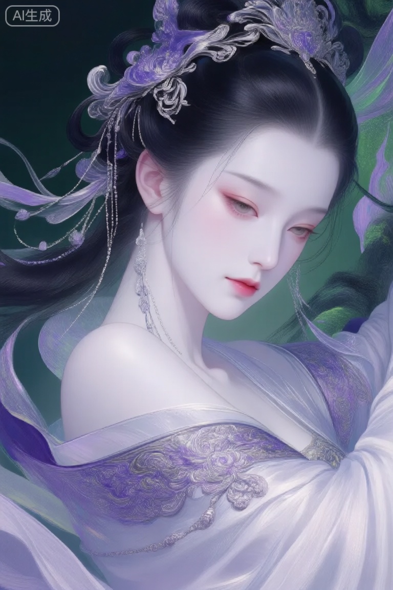 冷白皮,独特的艺术氛围,高级构图,仙女,纯净唯美深色,绿紫,笔触细腻,古代女子,肢体动作有张力,全身特写,高级构图,古代美女,黑色头发,繁复精美的垂鬓分肖髻发型。华丽光影,高雅气质,插画,超清画质高细节,皮肤白皙干净光滑水润。细腻厚涂,极致超清,光影交错,气质,oc渲染,超高清画质,细节丰富,精致感强,朦胧,极致超清,极致细节,氛围感,气质温柔,眼睛狭长眼尾上挑,干净光滑的画面风格,呈现出极致清晰的光滑镜面质感画风。32K像素点压缩处理致所有细节都清晰展现。