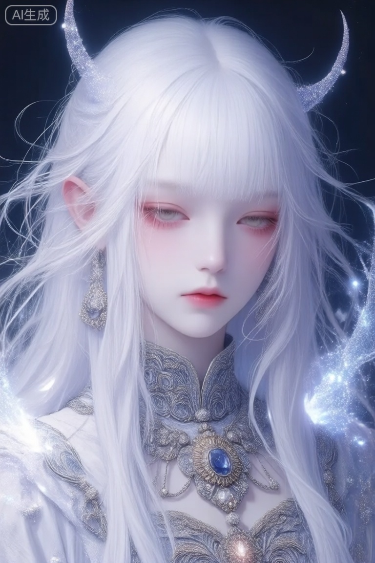 冷白皮,长直发少女魅魔,披散凌乱的头发,刘海遮着眼睛,华丽的饰品和纹理, 粒子发光消散于周身