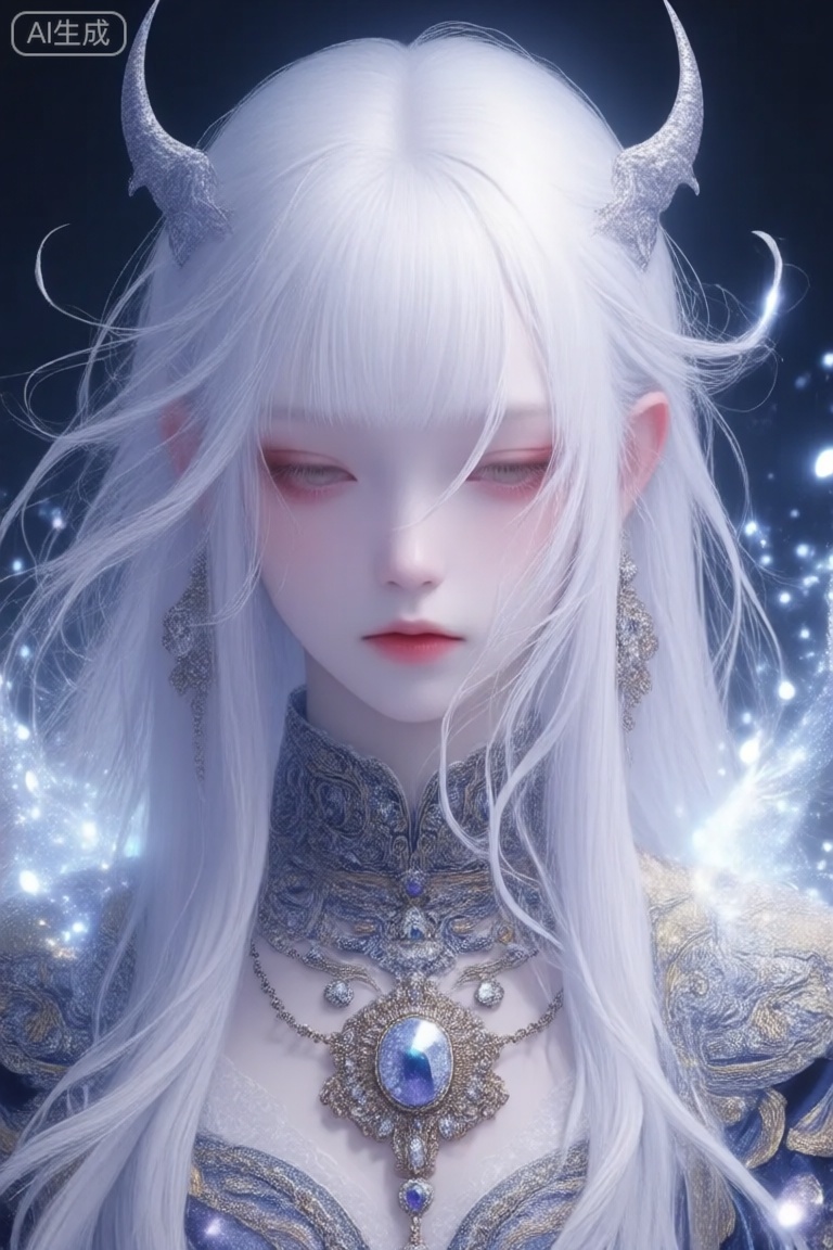 冷白皮,长直发少女魅魔,披散凌乱的头发,刘海遮着眼睛,华丽的饰品和纹理, 粒子发光消散于周身