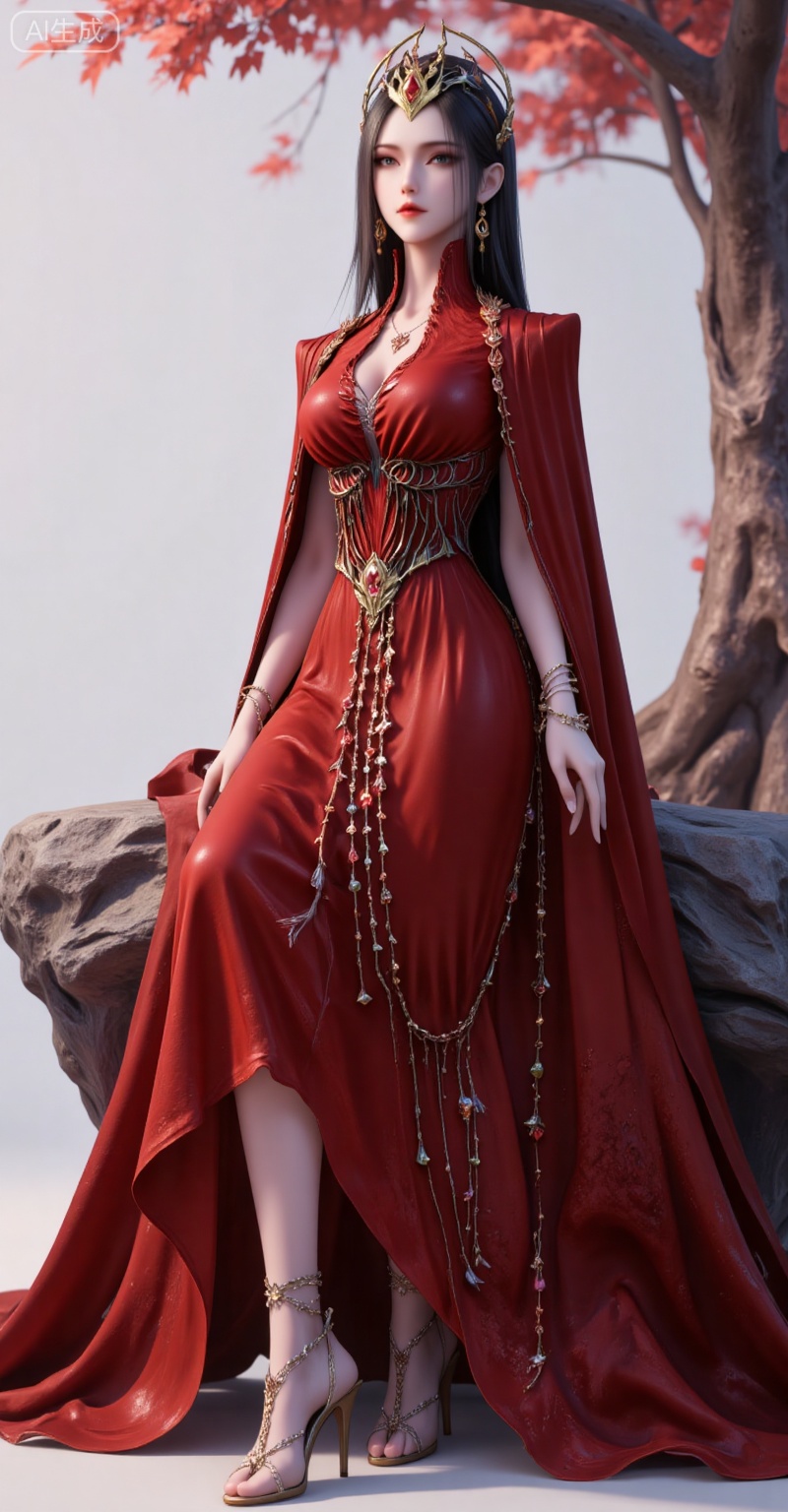 1girl,jewelry,solo,earrings,necklace,long hair,hair ornament,closed mouth,looking at viewer,black hair,tiara,brown hair,grey eyes,
1girl, jewelry, breasts, solo, dress, red dress, earrings, black hair, white background, full body, long hair, barefoot, bracelet, cleavage, necklace, simple background, large breasts, anklet, cape, long dress,sitting,stone,high heels,
lvjing,pifu,guanghuapifu,
blurry_background,tree,flowes,mingzhufuren,piyi,yexishui,