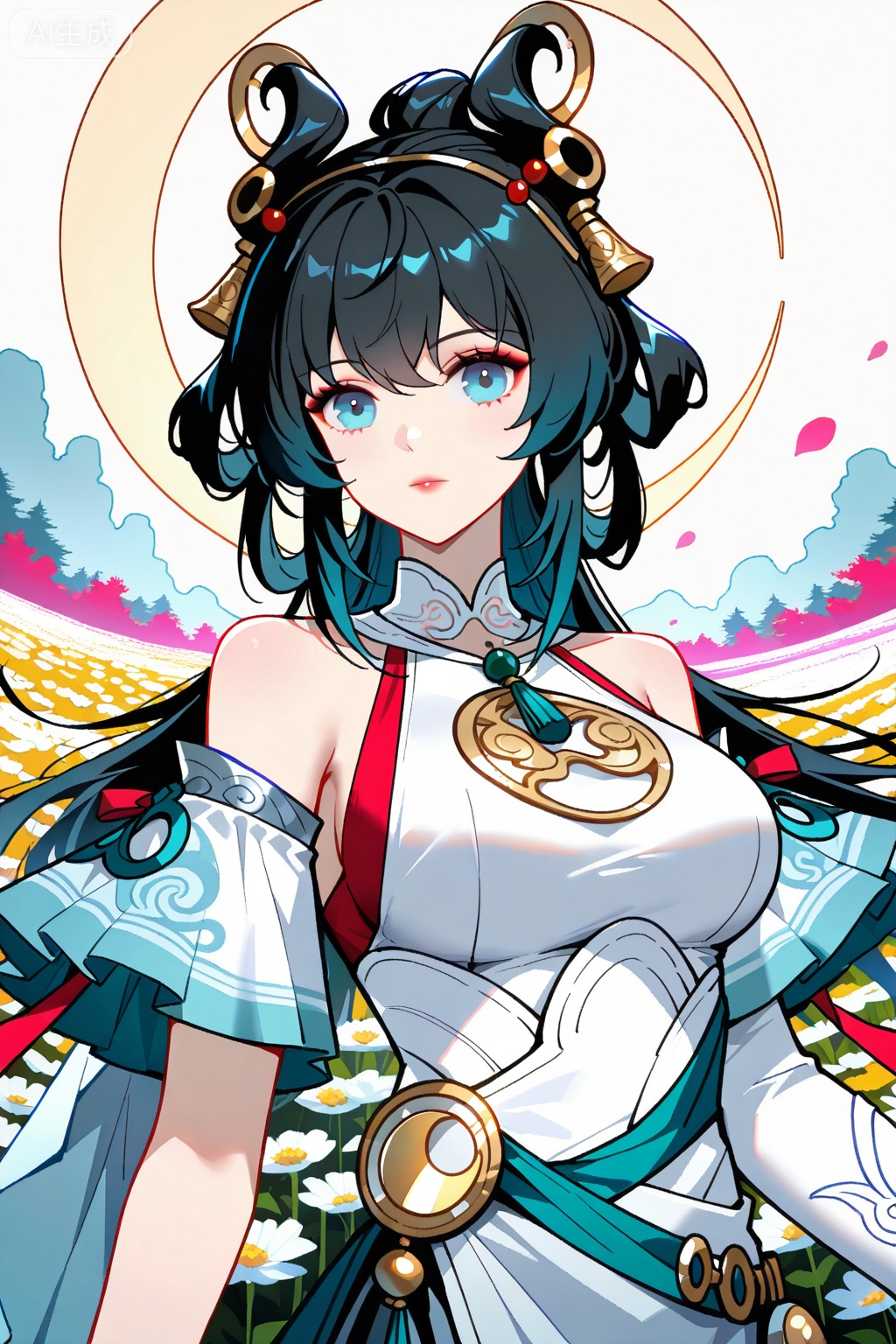 flower field,flower field,



upper body,looking at viewer,

公孙离,masterpiece,best quality,official art,extremely detailed CG unity 8k wallpaper,bell, blue eyes, blue hair, breasts, chinese clothes, dress, hair ornament, long hair, lihenyan,solo,1girl,hair ornament,bare shoulders,jewelry,black hair,hair rings,blue hair,white dress,bracelet,breasts,detached sleeves,long dark hair, styled in ponytail,adorned with golden crescent moon and sun ornaments,soft makeup, delicate eye makeup,light blue eyes,light blue and white traditional outfit with intricate patterns, red ribbons,white and teal belt with decorative elements, sheer black off-shoulder sleeves,single Elbow sleeve,