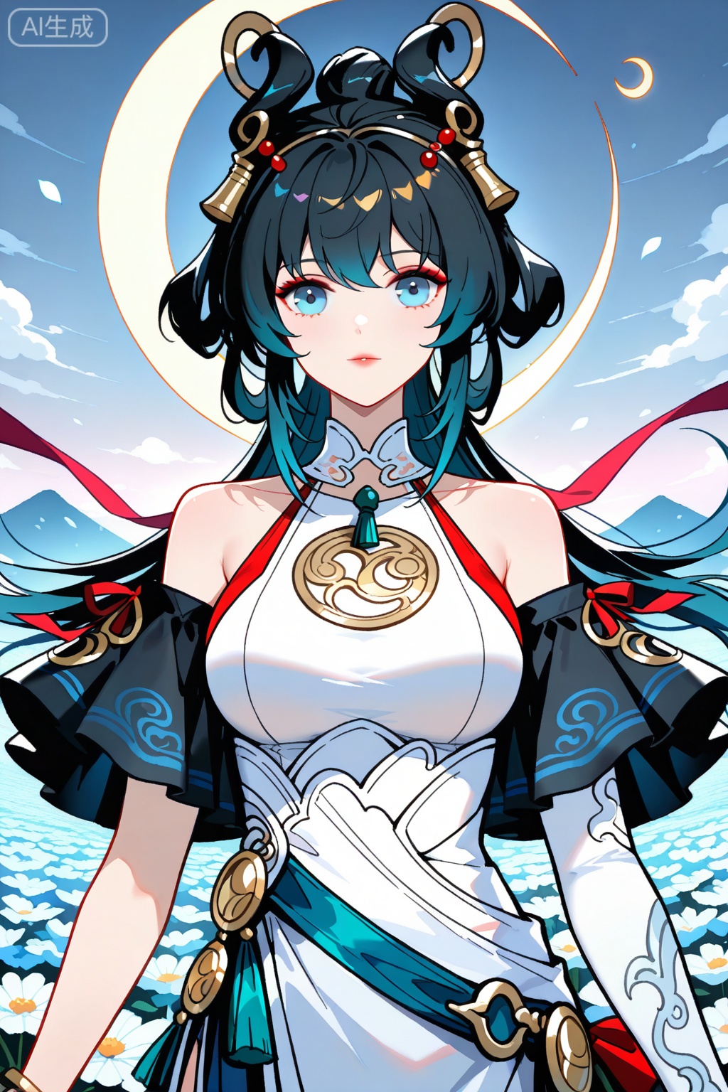 flower field,flower field,



upper body,looking at viewer,

公孙离,masterpiece,best quality,official art,extremely detailed CG unity 8k wallpaper,bell, blue eyes, blue hair, breasts, chinese clothes, dress, hair ornament, long hair, lihenyan,solo,1girl,hair ornament,bare shoulders,jewelry,black hair,hair rings,blue hair,white dress,bracelet,breasts,detached sleeves,long dark hair, styled in ponytail,adorned with golden crescent moon and sun ornaments,soft makeup, delicate eye makeup,light blue eyes,light blue and white traditional outfit with intricate patterns, red ribbons,white and teal belt with decorative elements, sheer black off-shoulder sleeves,single Elbow sleeve,