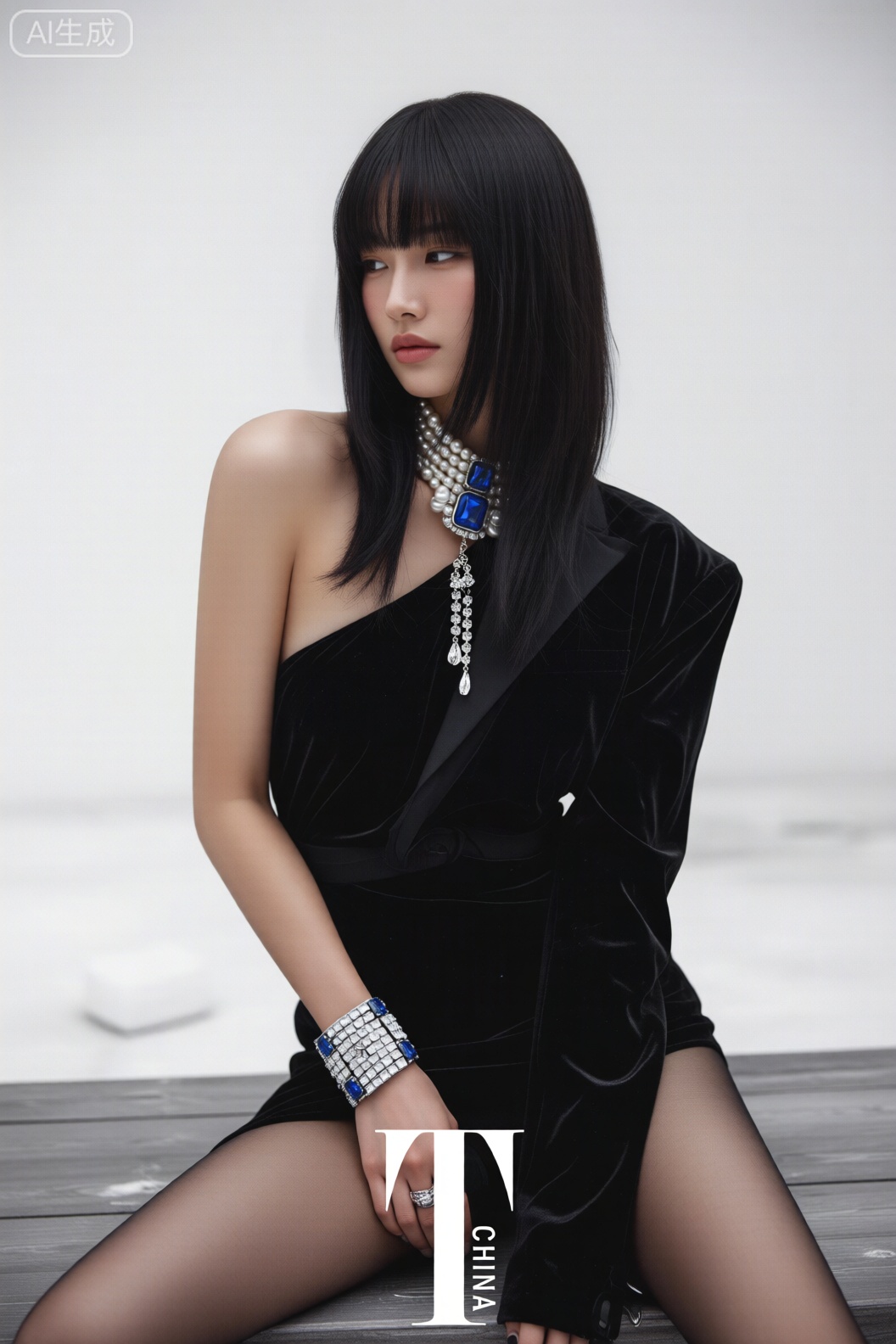 主体描述：女性模特,五官精致且线条冷冽,黑色长直发搭配层次感刘海,发丝柔顺有光泽。身着黑色丝绒单肩礼服,剪裁利落修身,单侧露肩设计凸显肩颈线条,裙摆开衩露出腿部线条。佩戴一套高级珠宝,项链为多层珍珠叠搭,中央镶嵌蓝白宝石并垂坠钻石流苏,手腕搭配同系列蓝白宝石钻石手镯,珠宝璀璨夺目,与黑色礼服形成强烈视觉对比。模特姿态端庄,双手自然置于腿间,眼神清冷且略带疏离感地看向画面一侧。环境背景：以极简的冰雪质感背景为主,前景是木质平台,整体营造出冷冽且高级的氛围,突出模特与珠宝的主体地位。光线：柔和的漫射光,均匀洒在模特身上,清晰展现礼服的丝绒质感与珠宝的璀璨光泽,营造出细腻且高级的光影效果。渲染风格：画面质感细腻且带有复古胶片的颗粒感,整体氛围冷艳、奢华且充满艺术感。色彩：以黑白为主色调,黑色丝绒礼服与白色背景形成鲜明对比,珠宝的蓝白宝石与钻石为画面增添亮点,色彩过渡自然且层次丰富。构图：中心构图,模特位于画面中心,占比三分之二,上下左右适当留白,突出主体的同时让画面简洁大气。拍摄角度：平视视角,拍摄距离适中,完整展现模特的整体造型、姿态与珠宝细节。杂志标识：底部“T CHINA” 标识以白色简洁字体呈现,明确其为《T Magazine》中国版时尚大片的属性。
