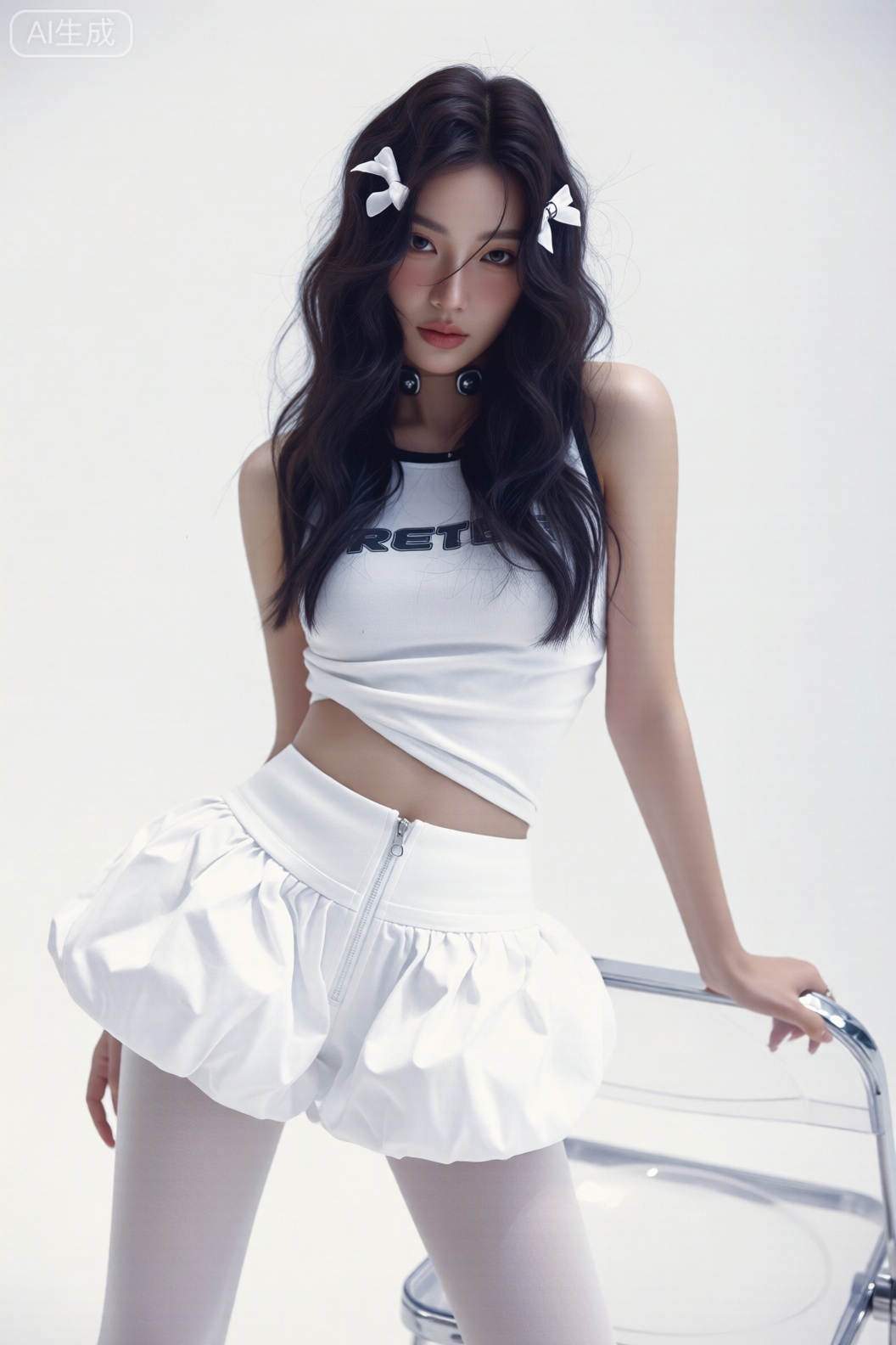 御姐,主体描述一位年轻女性,留着黑色长卷发,发丝间别着白色蝴蝶结发饰与金属发夹,妆容清新自然,身着白色短款露脐背心（带有灰色字母印花),搭配白色蓬松花苞短裤（带拉链设计）与白色透肤裤袜,姿态娇俏又具时尚感,
环境背景,
纯色白色背景,简洁干净,突出人物造型与穿搭细节,营造出清新甜美的时尚拍摄氛围,
光线,
棚拍柔光,光线均匀柔和,突出人物肌肤质感与服装的细腻纹理,无明显光影对比,
渲染风格,
画面质感细腻,色彩纯净统一,甜酷风格融合,具时尚杂志内页大片的视觉效果,
色彩,
以白色为主色调,从服饰到配饰形成统一且富有层次的搭配,清新又具时尚设计感,
构图,
中心构图,主体人物占据画面核心区域,肢体语言富有表现力,突出时尚穿搭细节,
拍摄角度,
平视视角,中距离拍摄,完整呈现人物造型与场景细节,突出整体甜酷清新氛围,
滤镜,
高亮度清新滤镜,增强画面的纯净感与质感,契合甜酷少女风的拍摄风格,
摄影参数,
推测使用专业单反相机（如索尼α7R IV),搭配标准定焦镜头（如85mm f/1.4),快门速度约1/160s,光圈f/2.8,ISO 100,以保证画面高画质与色彩表现力,