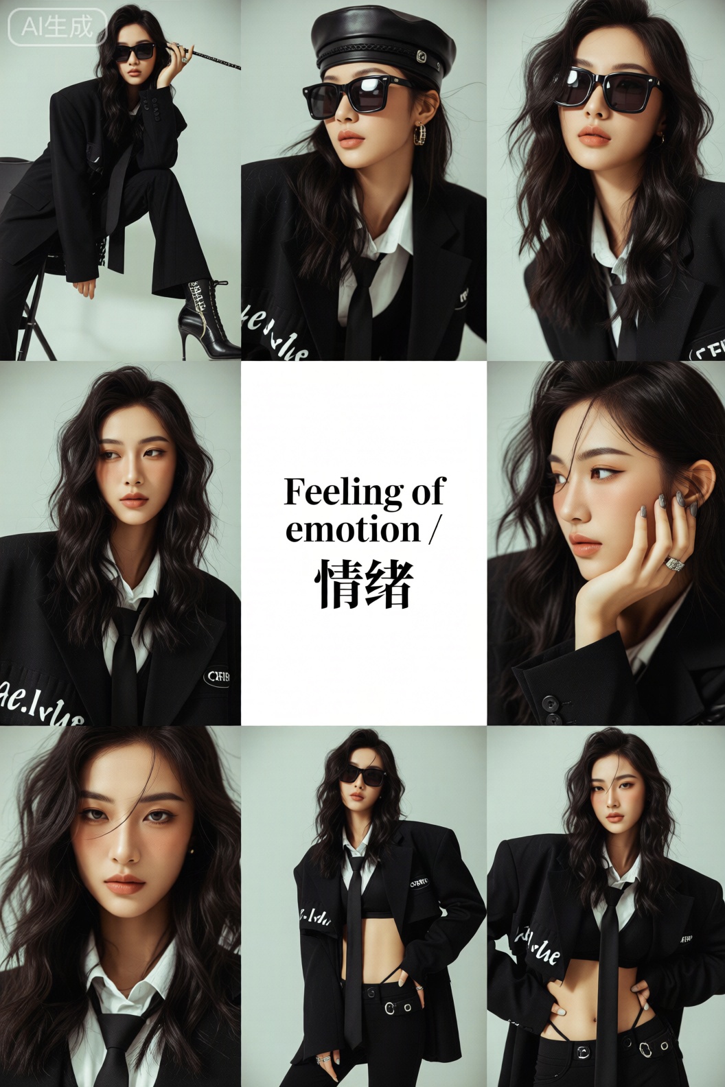 这是一组以“情绪”为主题的时尚艺术写真集,通过多组画面展现“先锋、实验性的情绪表达”风格：
 
- 模特与造型：模特们尝试了多元造型,有黑白极简的夸张肢体动作、复古风的贝雷帽与皮装、充满张力的卷发造型,还有融入透明材质的前卫搭配；妆容或冷冽或复古,发型从利落短发到蓬松卷发,每一组都在造型上强化“情绪载体”的作用。
- 风格与构图：采用九宫格拼接构图,中间“Feeling of emotion / 情绪”的文字点明主题；画面风格融合了黑白纪实感与时尚大片的先锋感,通过特写、侧拍等角度,捕捉模特的夸张表情、肢体语言,传递出或张扬、或神秘、或冷感的多元情绪。
- 色彩与氛围：以黑、白、灰为基础色调,穿插复古绿、棕色等色彩点缀,整体氛围前卫且富有艺术实验性,像是一本探索“时尚与情绪共生”的视觉杂志特辑,每一张都在突破常规时尚写真的表达边界。
