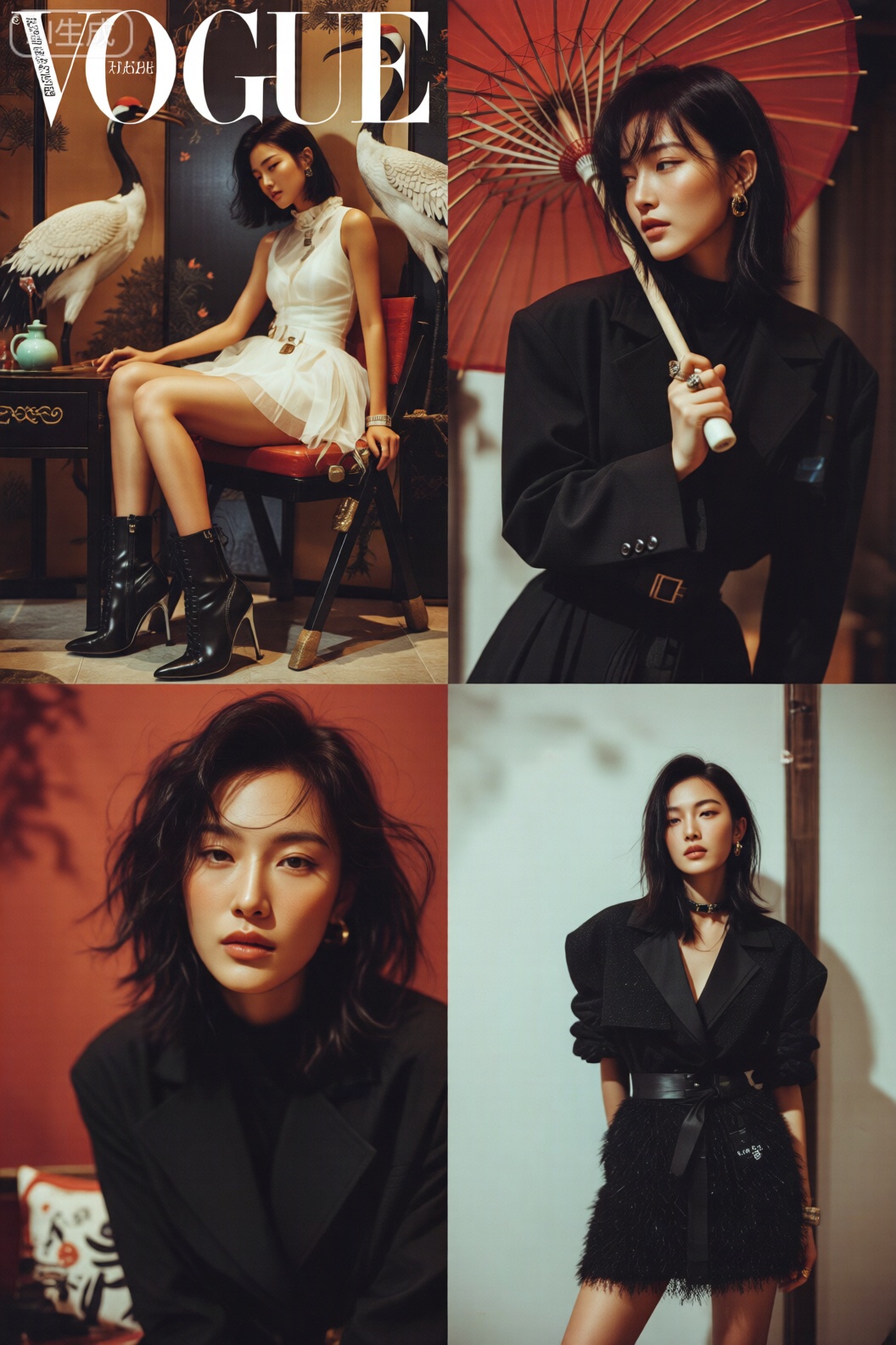 这是一组《VOGUE》风格的**“东方美学× 先锋时尚” 主题写真集**,以四宫格形式呈现“传统与现代碰撞” 的视觉盛宴：
模特与造型：模特以利落的齐刘海短发造型贯穿,尝试多元风格—— 有融合中式工笔风的白色纱裙搭配黑色皮靴、手持红色油纸伞的暗黑系穿搭、复古感的黑色蓬裙造型,还有结合日式茶道元素的先锋工装风；从服饰到配饰,均在东方传统符号中注入时尚先锋设计。
场景与风格：场景以日式/ 中式传统空间为基底,如绘有松鹤的屏风、和式茶室等,画面融合复古胶片质感与时尚大片的艺术感,通过色彩对比（红与黑、白与古画色）、传统道具（油纸伞、茶道器具）,传递出“东方美学现代化诠释” 的主题。
杂志与主题：左上角“VOGUE” 标识明确杂志属性,整体展现出《VOGUE》对“东方文化时尚化表达” 的探索,每一格都在传统元素中挖掘先锋时尚的可能性,是“文化传承与时尚创新共生” 的典型视觉表达。