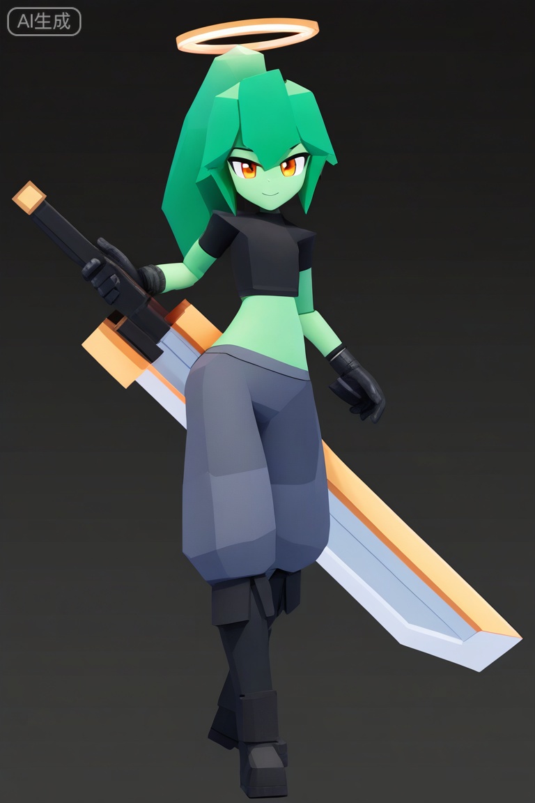 aotu_style, 3d, low poly,
solo, long hair, looking at viewer, smile, shirt, 1boy, gloves, holding, closed mouth, full body, male focus, ponytail, weapon, boots, green hair, black gloves, pants, midriff, sword, black footwear, holding weapon, halo, flat chest, crop top, black shirt, orange eyes, colored skin, holding sword, black background, grey pants, huge weapon,
masterpiece,best quality,