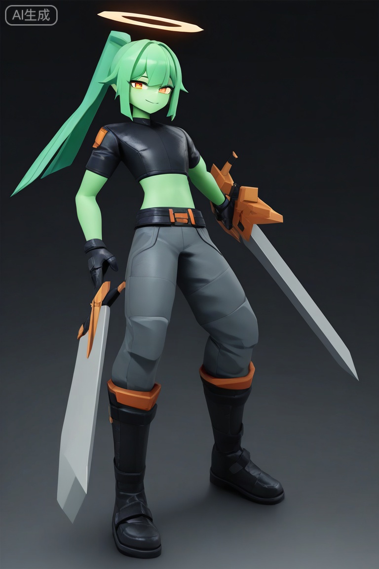 aotu_style, 3d, low poly,
solo, long hair, looking at viewer, smile, shirt, 1boy, gloves, holding, closed mouth, full body, male focus, ponytail, weapon, boots, green hair, black gloves, pants, midriff, sword, black footwear, holding weapon, halo, flat chest, crop top, black shirt, orange eyes, colored skin, holding sword, black background, grey pants, huge weapon,
masterpiece,best quality,