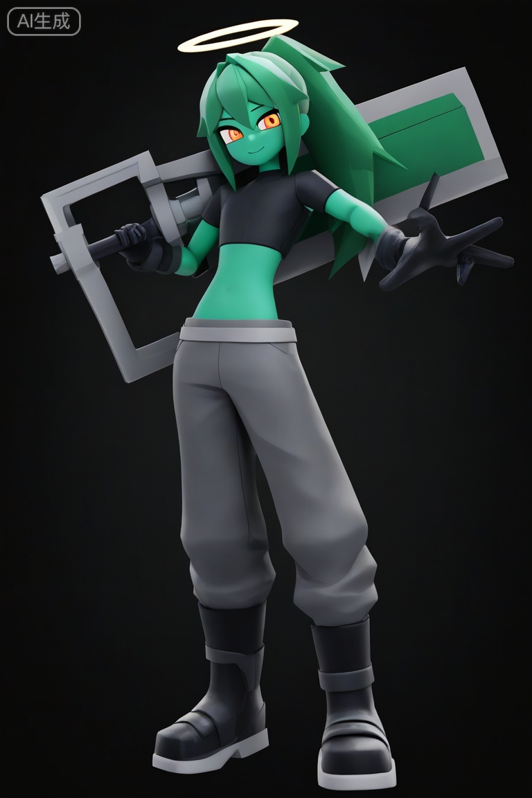 aotu_style, 3d, low poly,
solo, long hair, looking at viewer, smile, shirt, 1boy, gloves, holding, closed mouth, full body, male focus, ponytail, weapon, boots, green hair, black gloves, pants, midriff, sword, black footwear, holding weapon, halo, flat chest, crop top, black shirt, orange eyes, colored skin, holding sword, black background, grey pants, huge weapon,
masterpiece,best quality,