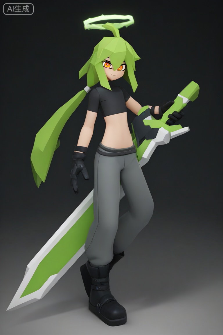 aotu_style, 3d, low poly,
solo, long hair, looking at viewer, smile, shirt, 1boy, gloves, holding, closed mouth, full body, male focus, ponytail, weapon, boots, green hair, black gloves, pants, midriff, sword, black footwear, holding weapon, halo, flat chest, crop top, black shirt, orange eyes, colored skin, holding sword, black background, grey pants, huge weapon,
masterpiece,best quality,