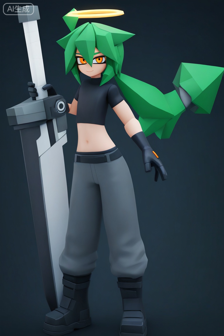 aotu_style, 3d, low poly,
solo, long hair, looking at viewer, smile, shirt, 1boy, gloves, holding, closed mouth, full body, male focus, ponytail, weapon, boots, green hair, black gloves, pants, midriff, sword, black footwear, holding weapon, halo, flat chest, crop top, black shirt, orange eyes, colored skin, holding sword, black background, grey pants, huge weapon,
masterpiece,best quality,
