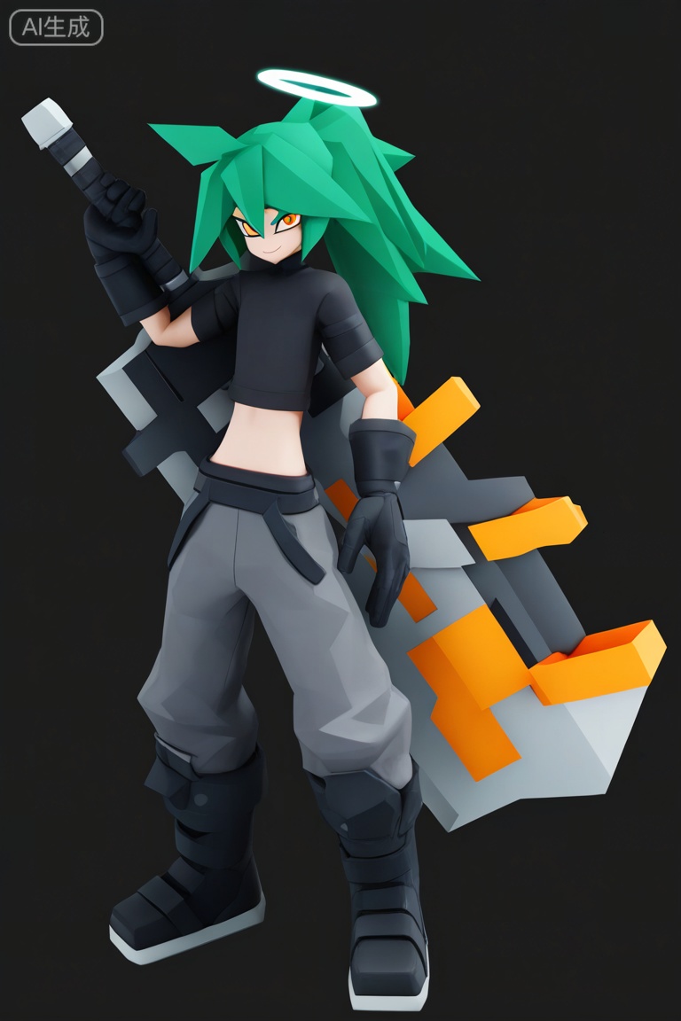 aotu_style, 3d, low poly,
solo, long hair, looking at viewer, smile, shirt, 1boy, gloves, holding, closed mouth, full body, male focus, ponytail, weapon, boots, green hair, black gloves, pants, midriff, sword, black footwear, holding weapon, halo, flat chest, crop top, black shirt, orange eyes, colored skin, holding sword, black background, grey pants, huge weapon,
masterpiece,best quality,
