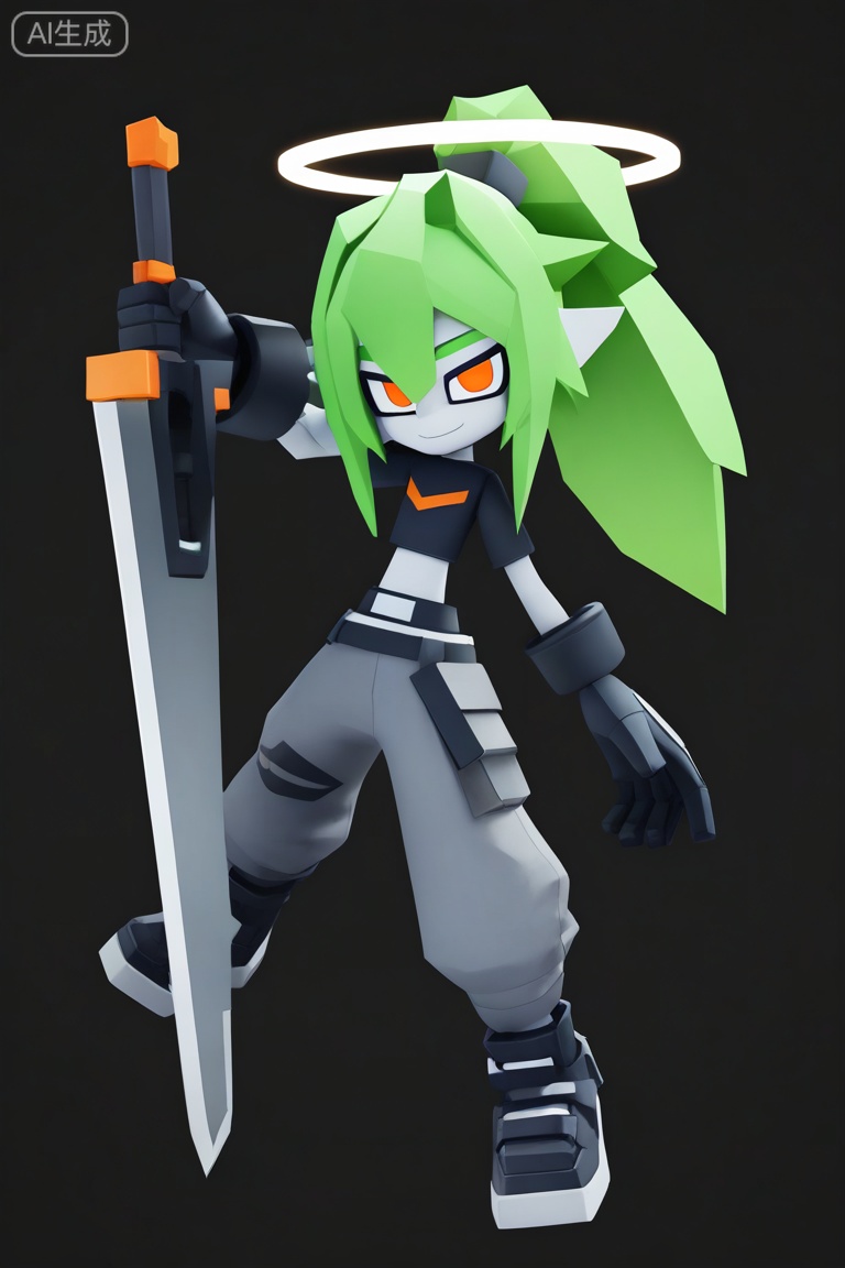 aotu_style, 3d, low poly,
solo, long hair, looking at viewer, smile, shirt, 1boy, gloves, holding, closed mouth, full body, male focus, ponytail, weapon, boots, green hair, black gloves, pants, midriff, sword, black footwear, holding weapon, halo, flat chest, crop top, black shirt, orange eyes, colored skin, holding sword, black background, grey pants, huge weapon,
masterpiece,best quality,
