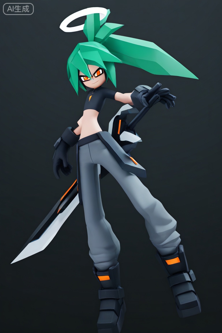 aotu_style, 3d, low poly,
solo, long hair, looking at viewer, smile, shirt, 1boy, gloves, holding, closed mouth, full body, male focus, ponytail, weapon, boots, green hair, black gloves, pants, midriff, sword, black footwear, holding weapon, halo, flat chest, crop top, black shirt, orange eyes, colored skin, holding sword, black background, grey pants, huge weapon,
masterpiece,best quality,