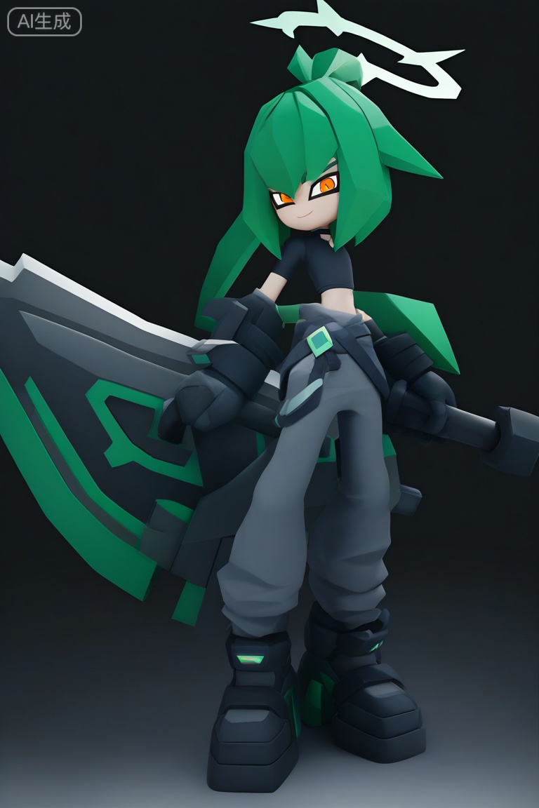 aotu_style, 3d, low poly,
solo, long hair, looking at viewer, smile, shirt, 1boy, gloves, holding, closed mouth, full body, male focus, ponytail, weapon, boots, green hair, black gloves, pants, midriff, sword, black footwear, holding weapon, halo, flat chest, crop top, black shirt, orange eyes, colored skin, holding sword, black background, grey pants, huge weapon,
masterpiece,best quality,