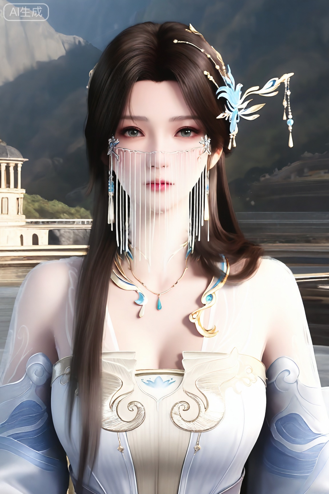1girl, solo,mature woman,looking at viewer, long hair, brown hair, hair ornament, dress, bare shoulders, jewelry, upper body, necklace, white dress, veil, 
3d \(artwork\),Masterpiece, best quality, amazing quality, newest, very aesthetic, absurdres, (scenery:1.4), 8k, good anatomy, good shading, ultra detailed, refined details, high resolution, HD, masterwork,high detail ,Exquisite beauty, charming, 3D rendering,illustration,CG,