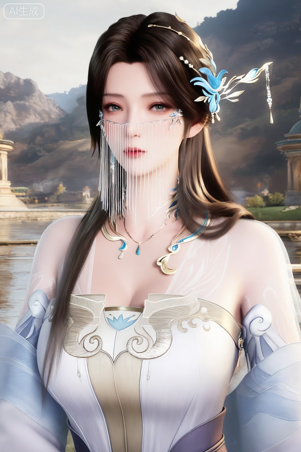 1girl, solo,mature woman,looking at viewer, long hair, brown hair, hair ornament, dress, bare shoulders, jewelry, upper body, necklace, white dress, veil, 
3d \(artwork\),Masterpiece, best quality, amazing quality, newest, very aesthetic, absurdres, (scenery:1.4), 8k, good anatomy, good shading, ultra detailed, refined details, high resolution, HD, masterwork,high detail ,Exquisite beauty, charming, 3D rendering,illustration,CG,