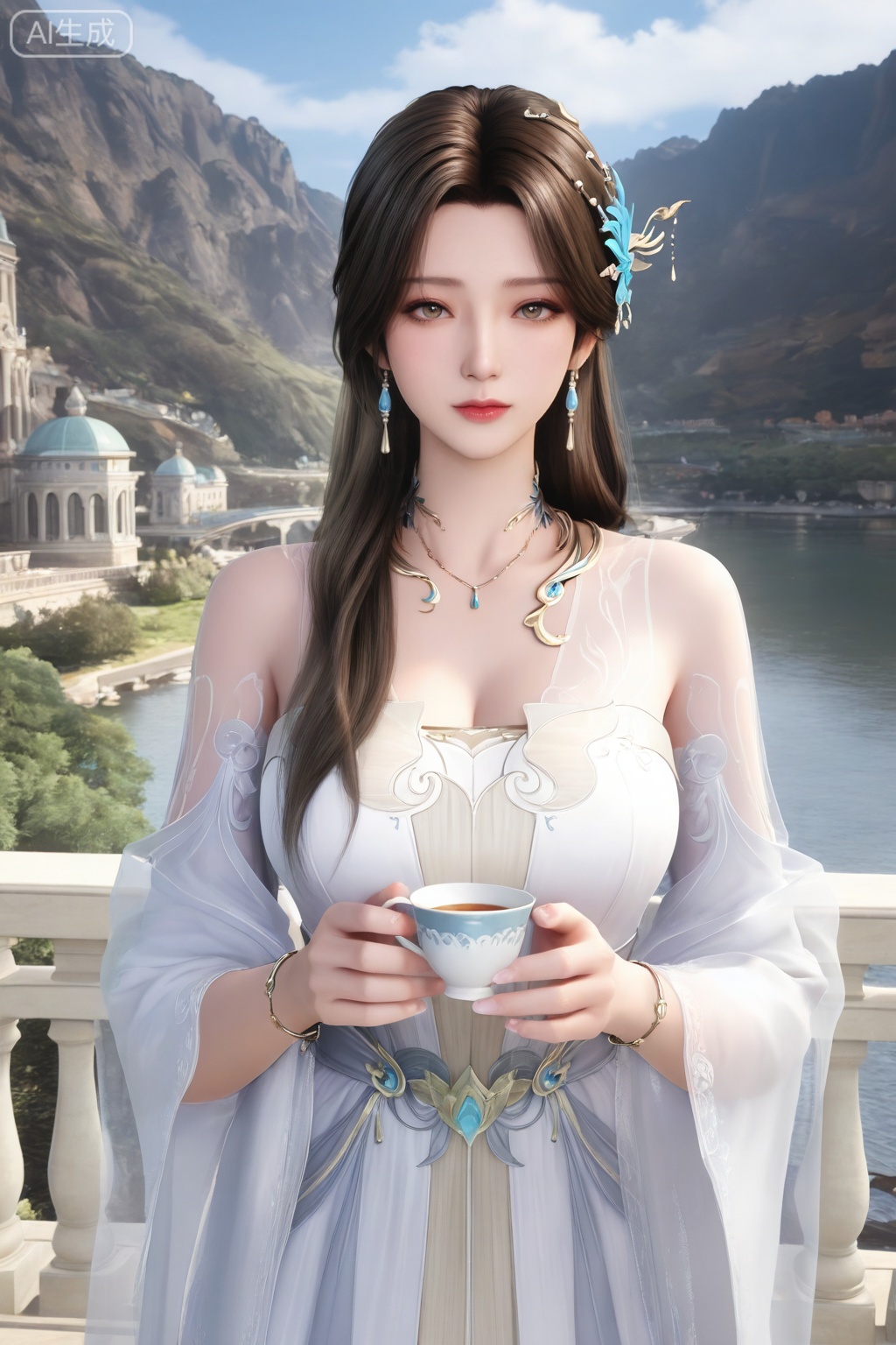 1girl, solo,mature woman,looking at viewer, long hair, brown hair, hair ornament, dress, bare shoulders, jewelry, upper body, necklace, white dress, cup, veil, 
3d \(artwork\),Masterpiece, best quality, amazing quality, newest, very aesthetic, absurdres, (scenery:1.4), 8k, good anatomy, good shading, ultra detailed, refined details, high resolution, HD, masterwork,high detail ,Exquisite beauty, charming, 3D rendering,illustration,CG,