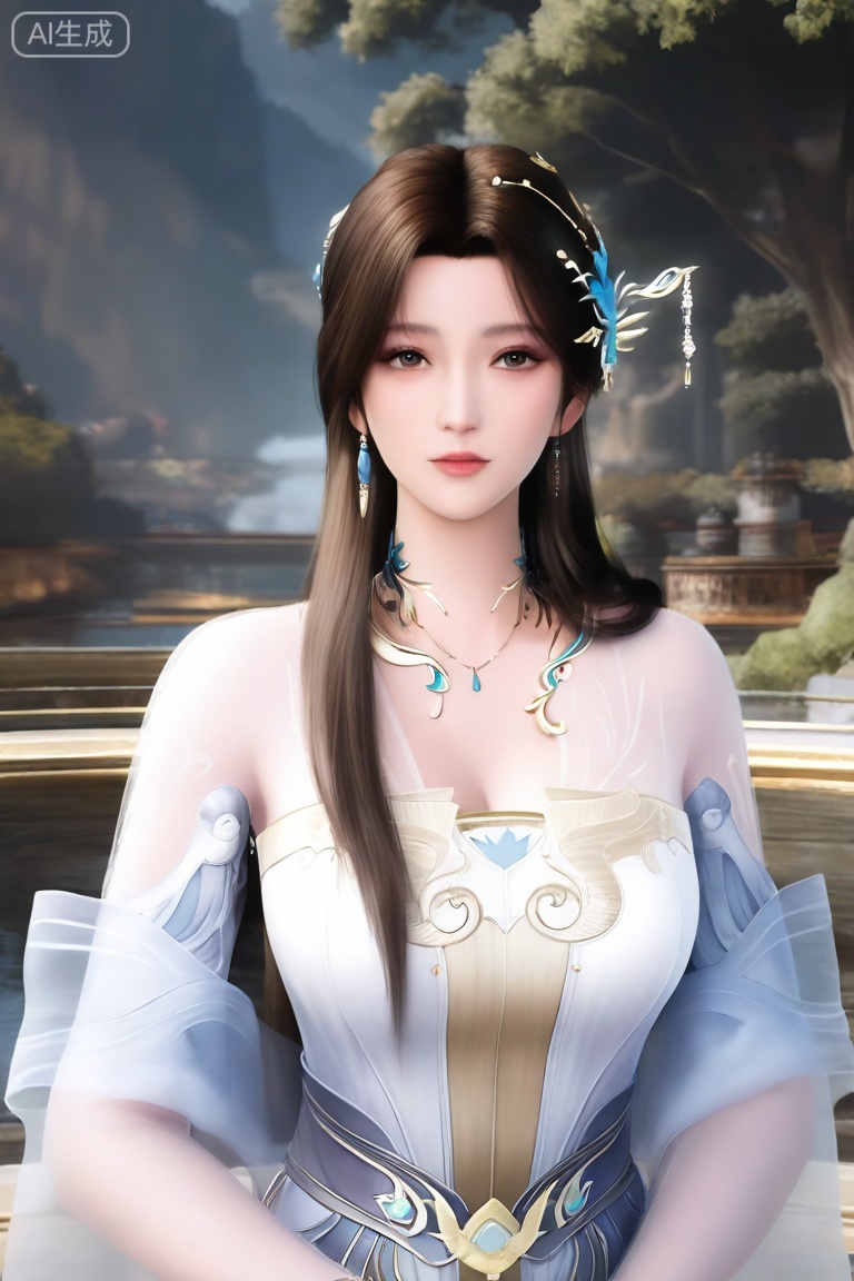 1girl, solo,mature woman,looking at viewer, long hair, brown hair, hair ornament, dress, bare shoulders, jewelry, upper body, necklace, white dress, veil, 
3d \(artwork\),Masterpiece, best quality, amazing quality, newest, very aesthetic, absurdres, (scenery:1.4), 8k, good anatomy, good shading, ultra detailed, refined details, high resolution, HD, masterwork,high detail ,Exquisite beauty, charming, 3D rendering,illustration,CG,
